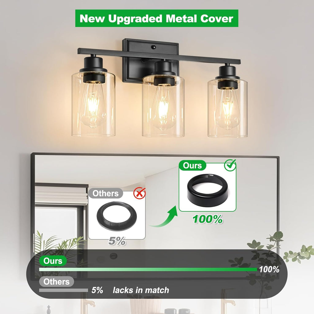 Unicozin 3 Light Bathroom Light Fixtures, Modern Vanity Lights Over Mirror, Black Wall Lamp with Clear Glass for Living Room Cabinet Bedroom Porch