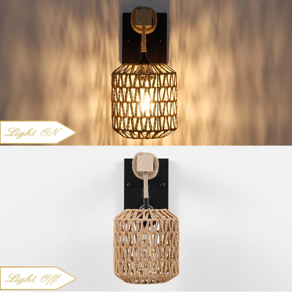 Rattan Boho Wall Sconces Set of Two, Hardwired Hand-Woven Farmhouse Wall Lamps with Wooden Arm & On/Off Dimmable Switch,Large Rustic Indoor Wall Mount Light Fixtures for Bedroom Nursery Bathroom