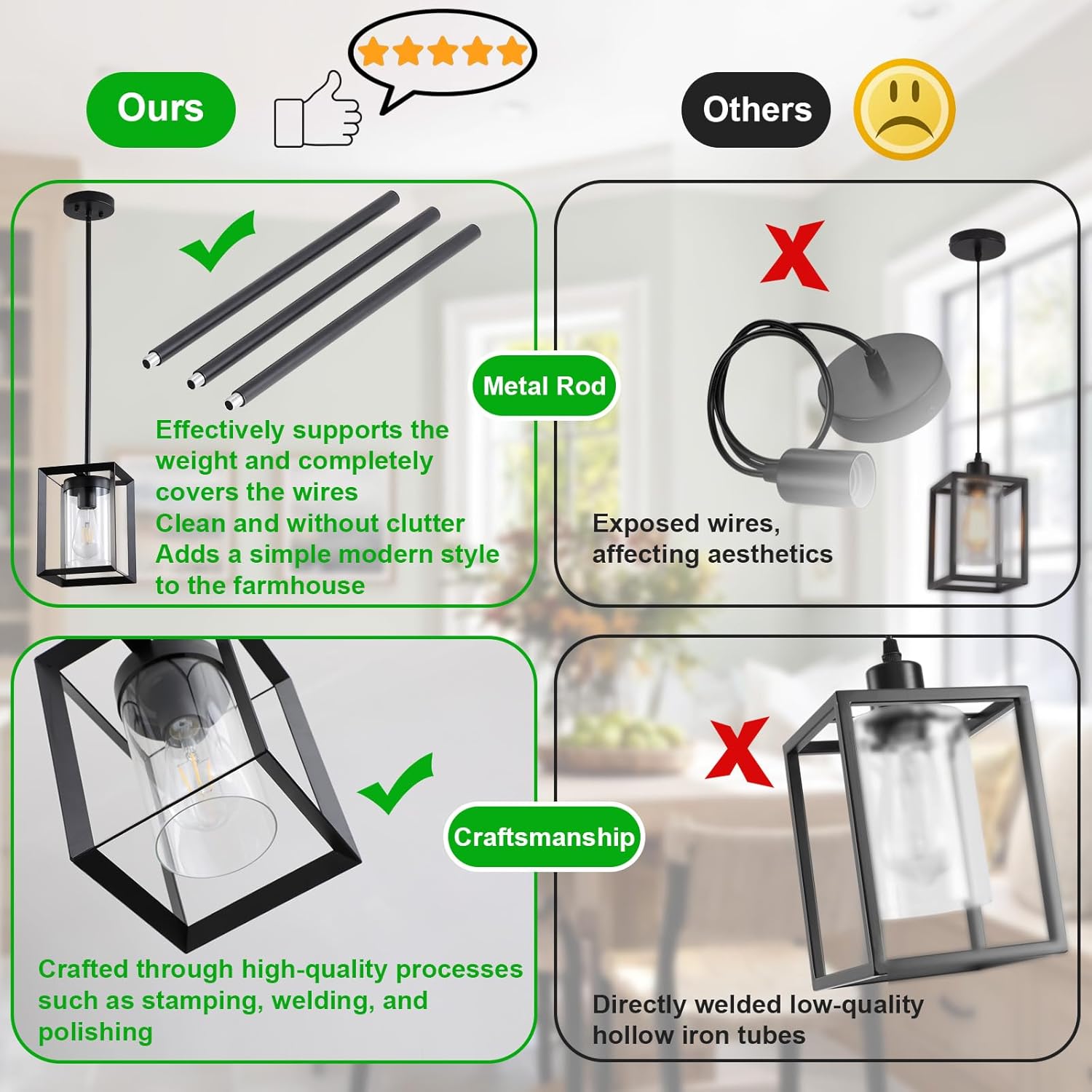 2 Pack Farmhouse Black Kitchen Island Pendant Light Fixtures,Height Adjustable Metal Rod Hanging Modern Pendant Lighting with Metal Cage and Clear Glass Shade for Entryway Bedroom