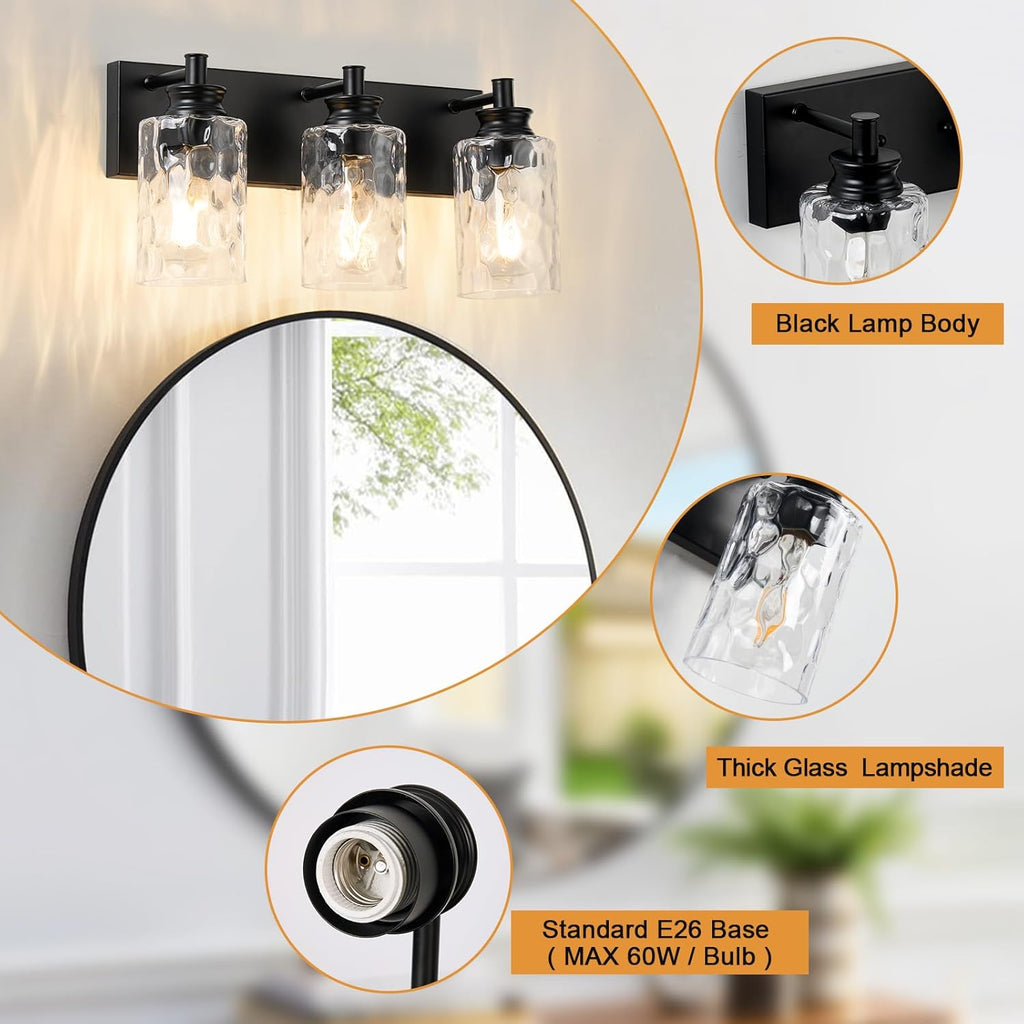 3-Light Black Vanity Light, Modern Bathroom Fixture with Hammered Glass Shades