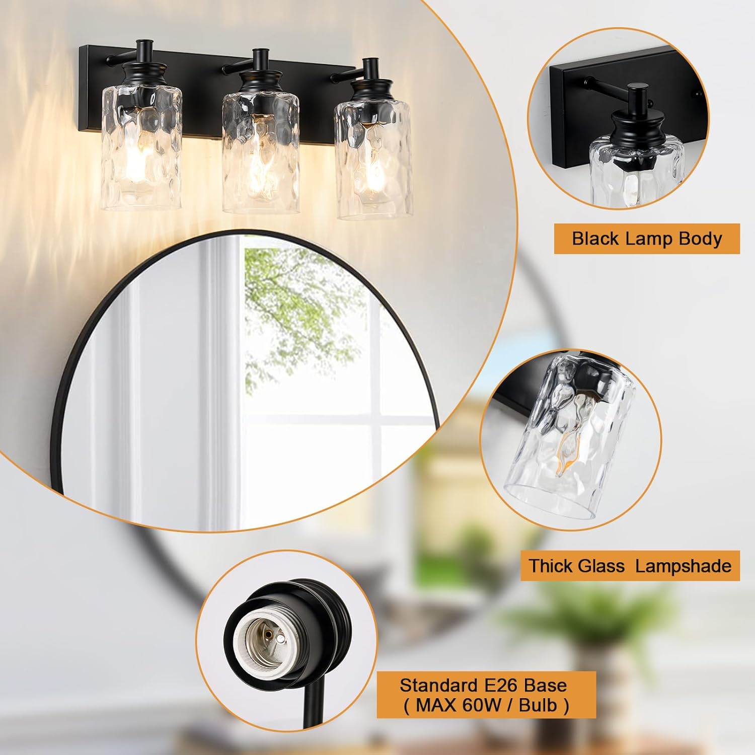 3-Light Black Vanity Light, Modern Bathroom Fixture with Hammered Glass Shades