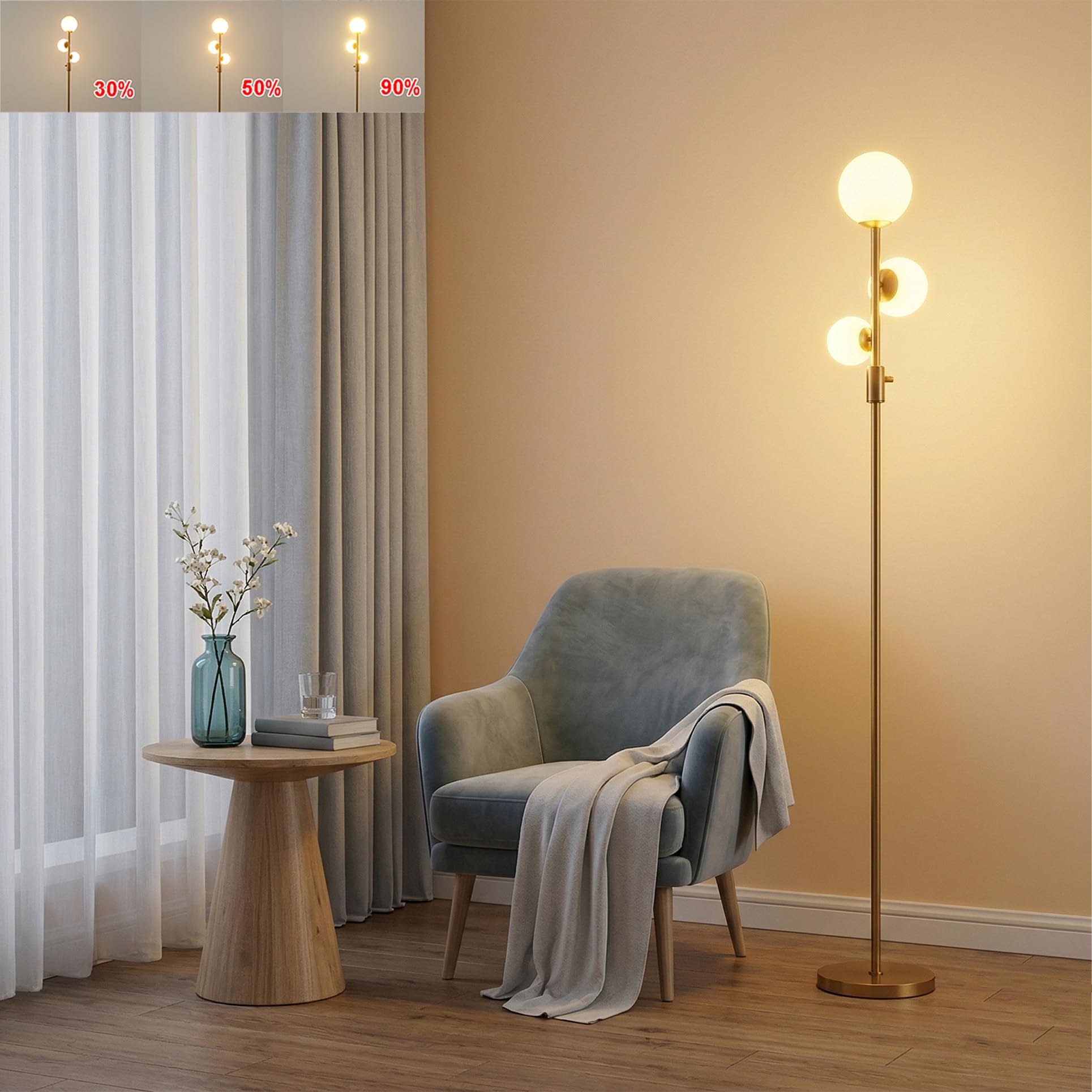 Fiqevs Mid Century Modern 3 Globe Tree Floor Lamp - Dimmable LED Standing Lamp with Bulbs, Warm Light for Living Room Bedroom Office - Antique Brass/Gold