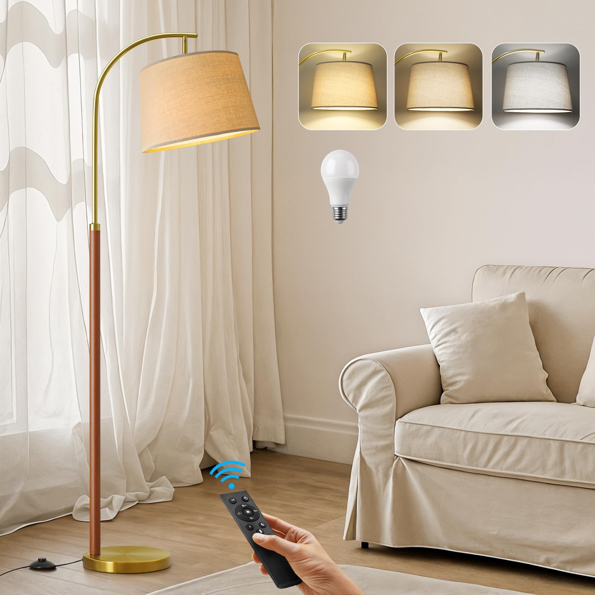 G-SAFAVA Real Wood Floor Lamps for Living Room Bedroom, 62.5" Mid Century Modern Lamp Gold Standing Tall Arc Lamps with Foot Switch, Floor Lamps for Nursery Office Decor Corner Reading Room Light