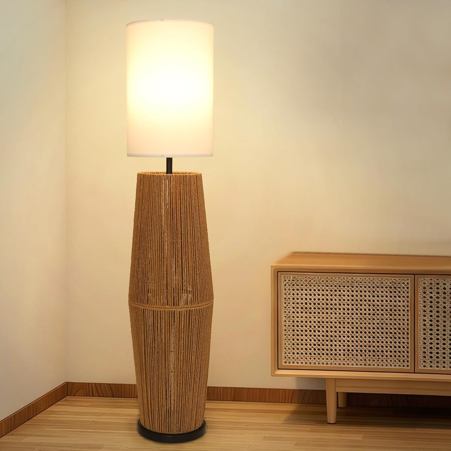 Vintage Floor Lamps for Living Room, Farmhouse Floor Lamp with Linen Shade, Boho Standing Lamp for Home Decor, Rustic Tall Lamp for Bedroom Office, Display Column Corner Lamp
