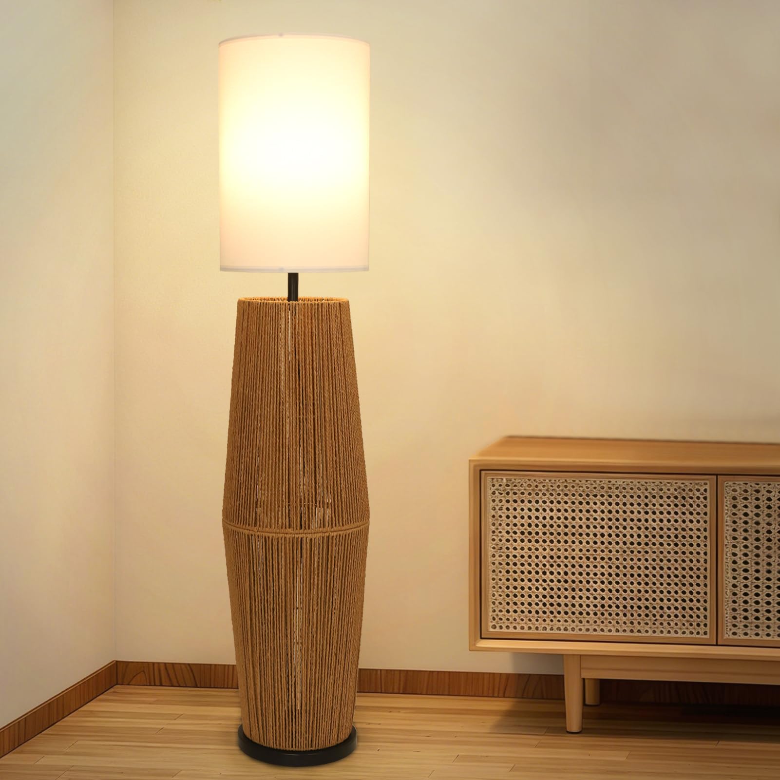 Vintage Floor Lamps for Living Room, Farmhouse Floor Lamp with Linen Shade, Boho Standing Lamp for Home Decor, Rustic Tall Lamp for Bedroom Office, Display Column Corner Lamp
