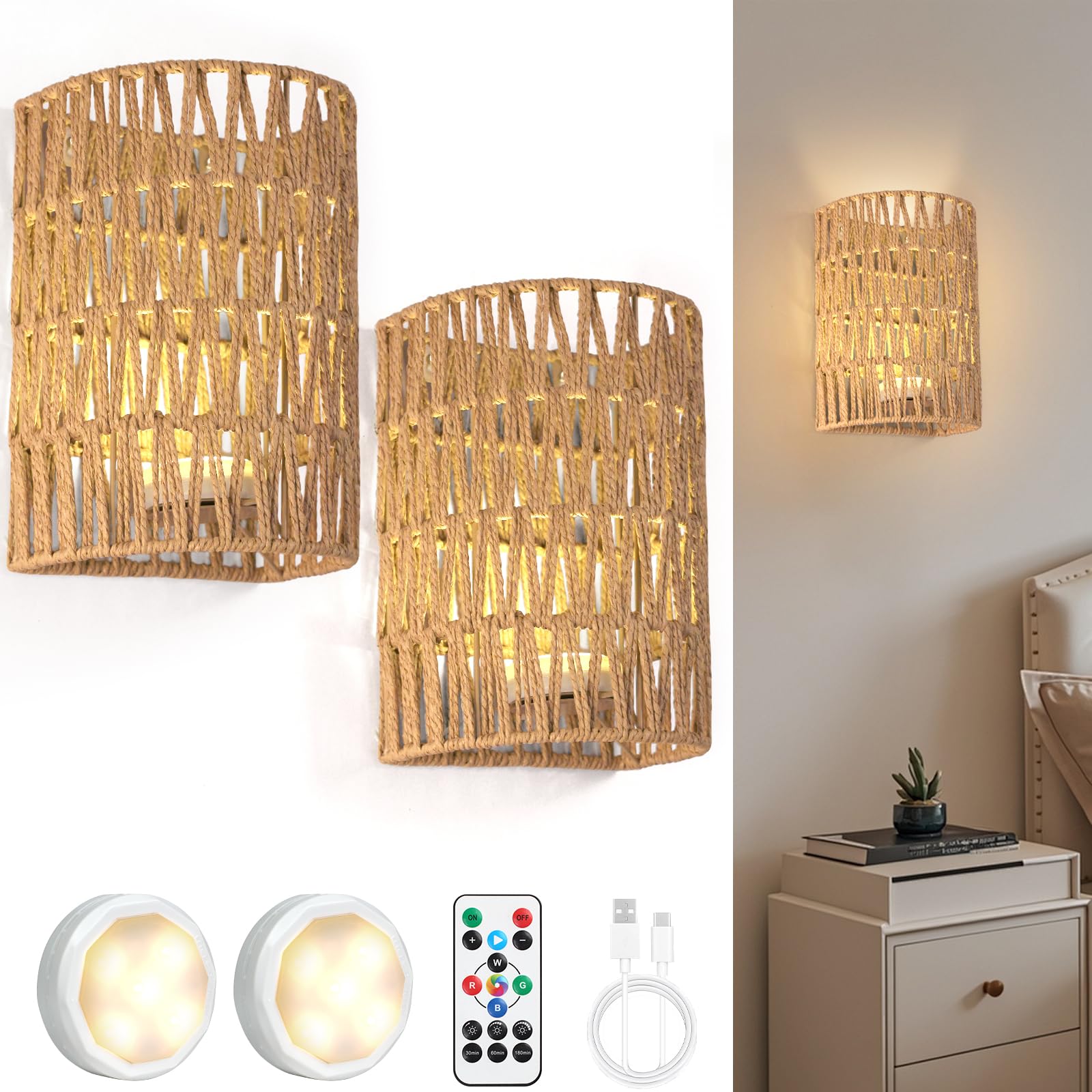 FINCMY Boho Wall Decor Rechargeable Wall Sconce, 18 RGB Colors Dimmable Wireless Wall Lights Battery Operated Wall Sconce for Bedroom Living Room Hallway, Natural Hemp Rope Boho Decor