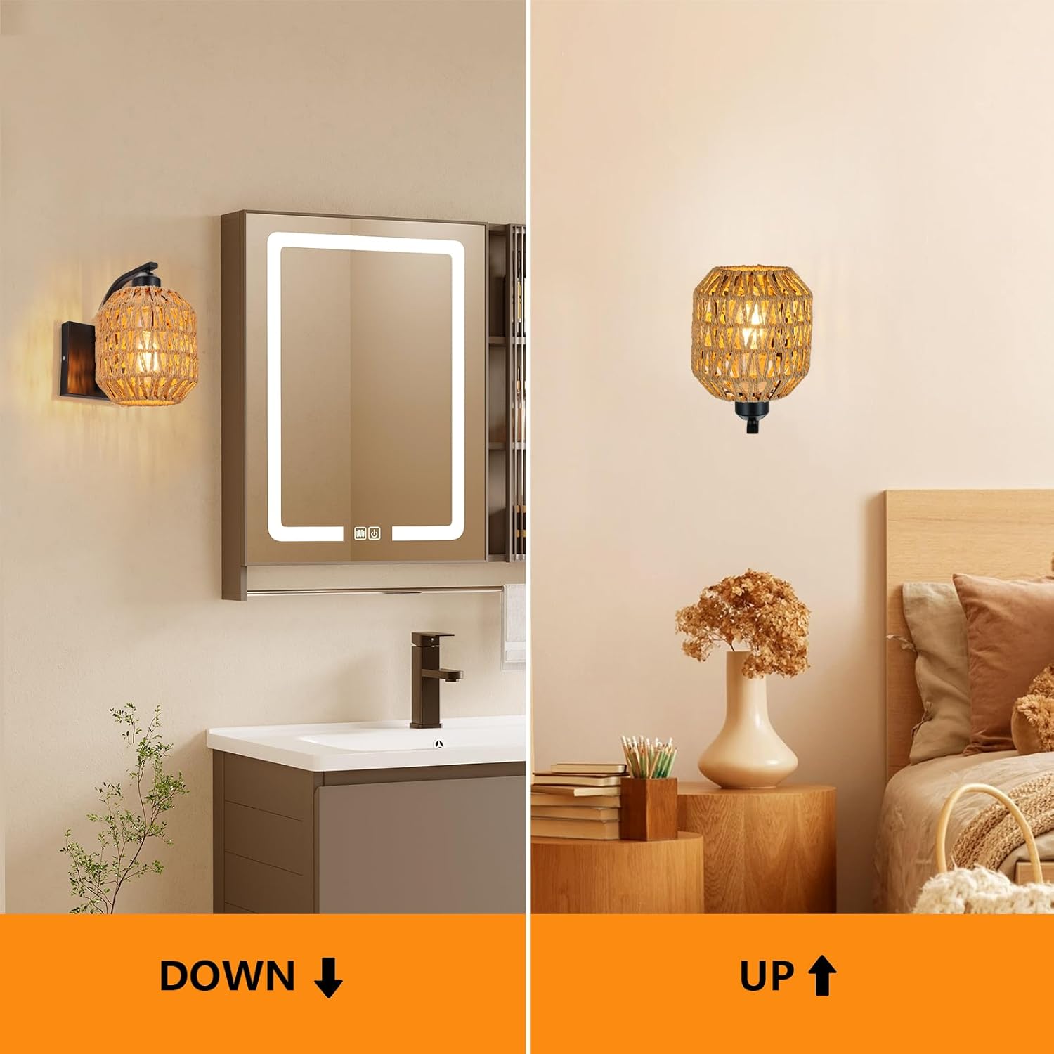 lobolighting Boho Rattan Wall Sconces Set of Two Hardwired Hand-Woven Farmhouse Wall Lamps Indoor Rustic Wall Mount Light Fixtures for Bedroom Living Room Nursery Hallway (Bulbs Not Included)