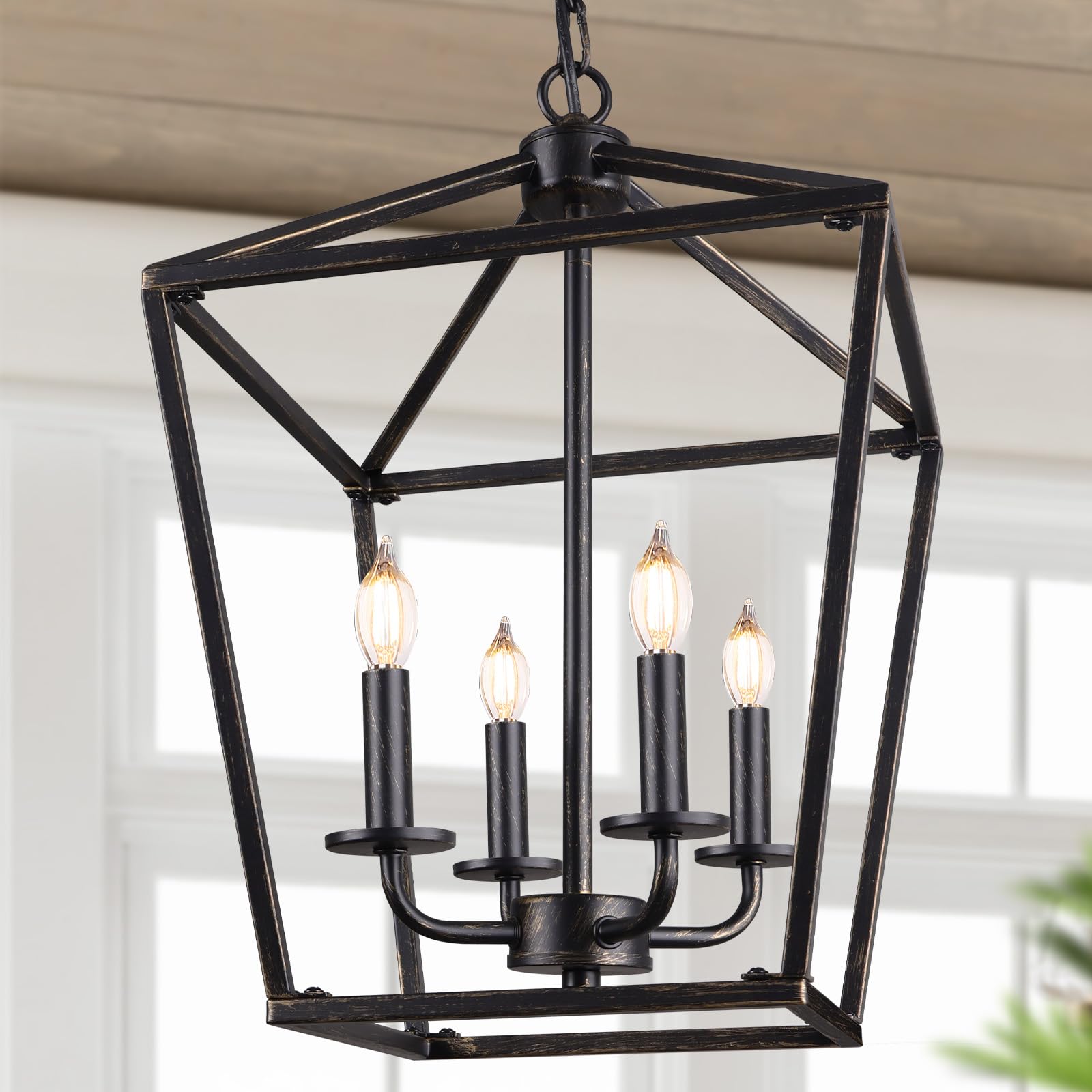 BrightHome Farmhouse Chandelier 4-Light, Black Pendant Light Fixture for Kitchen Island Dining Room, Lantern Industrial Lighting Ceiling Hanging with Metal Cage Adjustable Height for Entryway Foyer