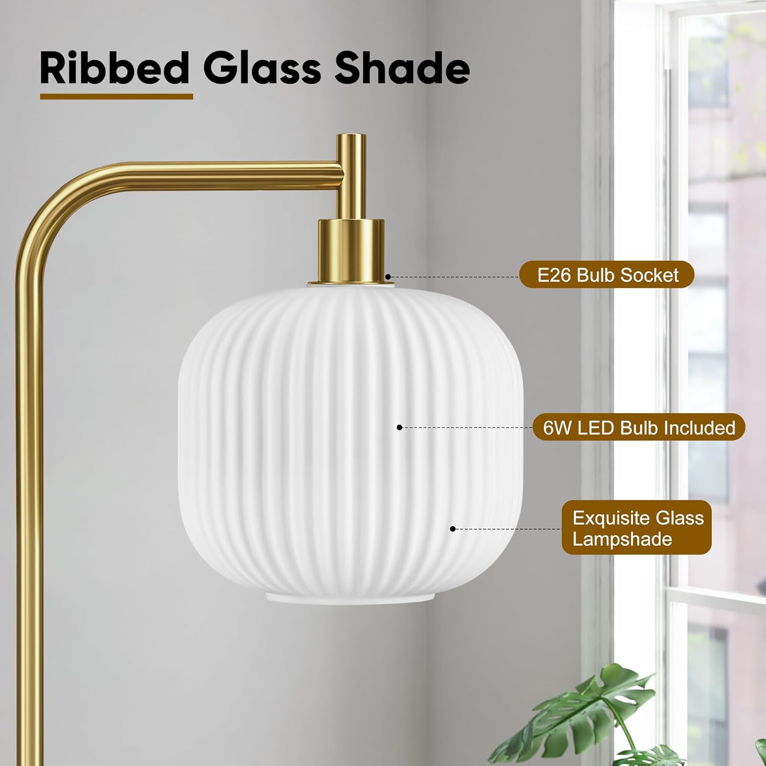 QiMH Glass Floor Lamp for Living Room, 67” Modern Standing Lamp with Cream Ribbed Glass Lampshade Pedal Switch Tall Lamp for Bedroom, Brushed Gold (2700K LED Bulb Included)