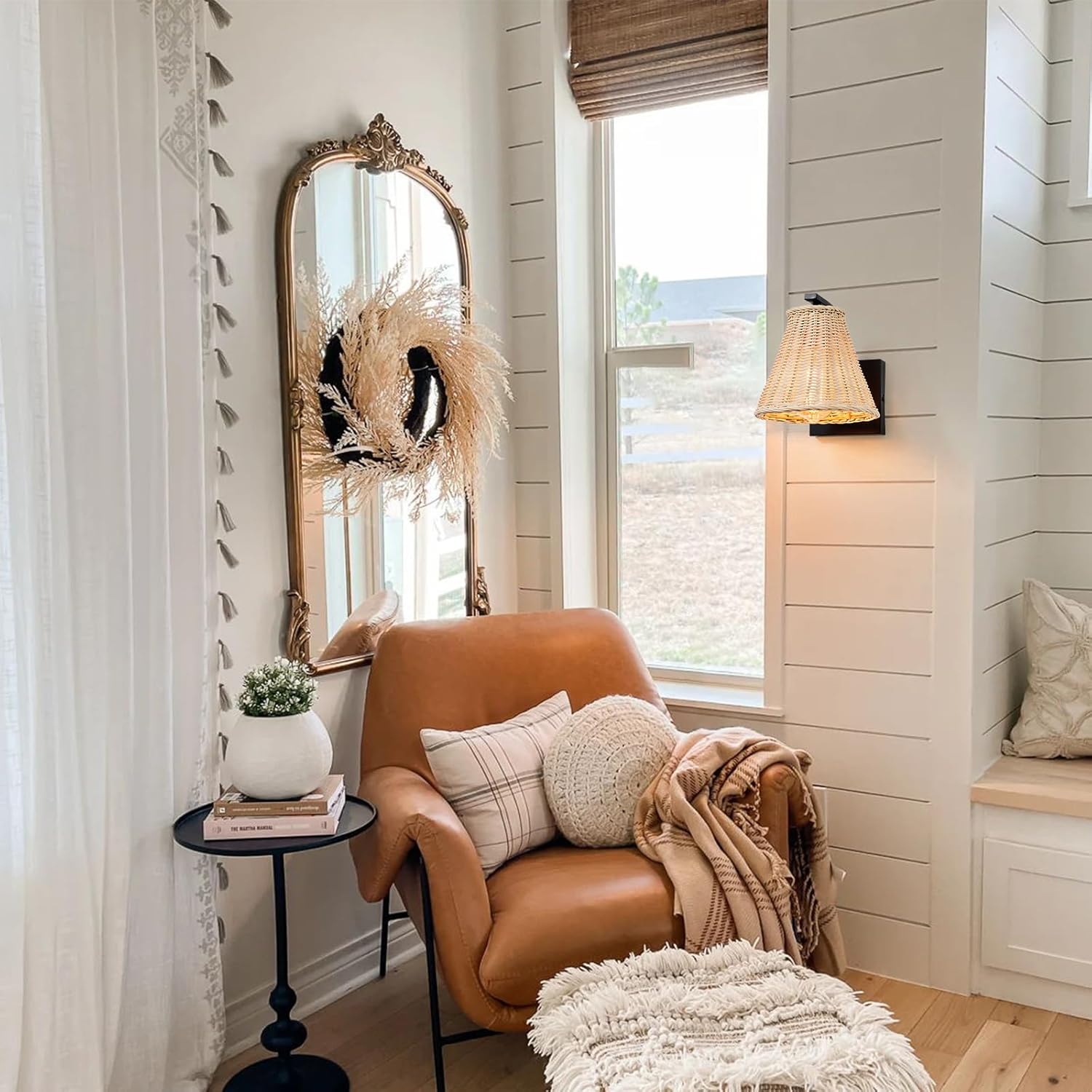 Boho Rattan Wall Sconce Set of Two, Wrapped Wall Light Fixtures with Hand Woven Wicker Lamp Shade, Farmhouse Rustic Indoor Wall Mount Lighting Fixture for Bedroom Bedside Living Room Hallway Bathroom