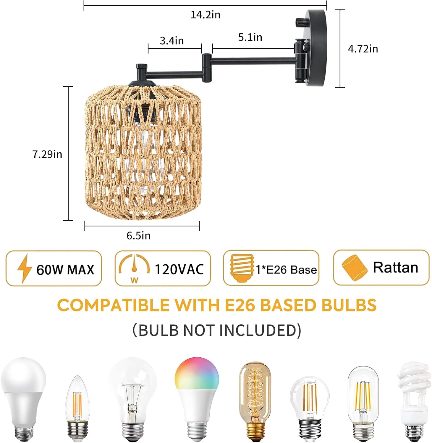 Modern Rattan Wall Sconce, Swing Arm Black Wall Lamp with Boho Woven Lampshade & Dimmable On/Off Switch, Wall Mount Reading Light Fixture Bedside Lamp for Stairway Bedroom Living Room Office