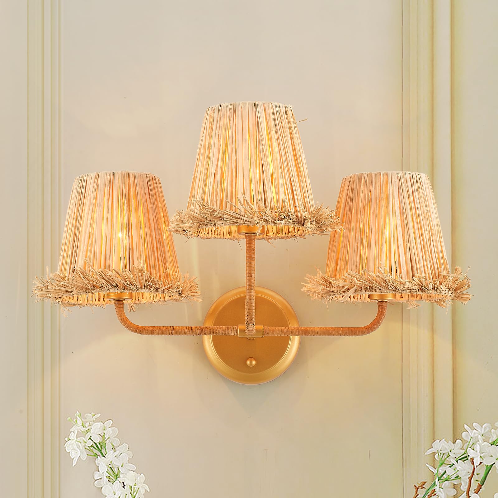 Set of Two Hand Woven Wall Sconces Boho Wall Lamp White Coastal Wall Lights for Bedside Hallway Vanity Stairway Fireplace Living Room, UL Listed