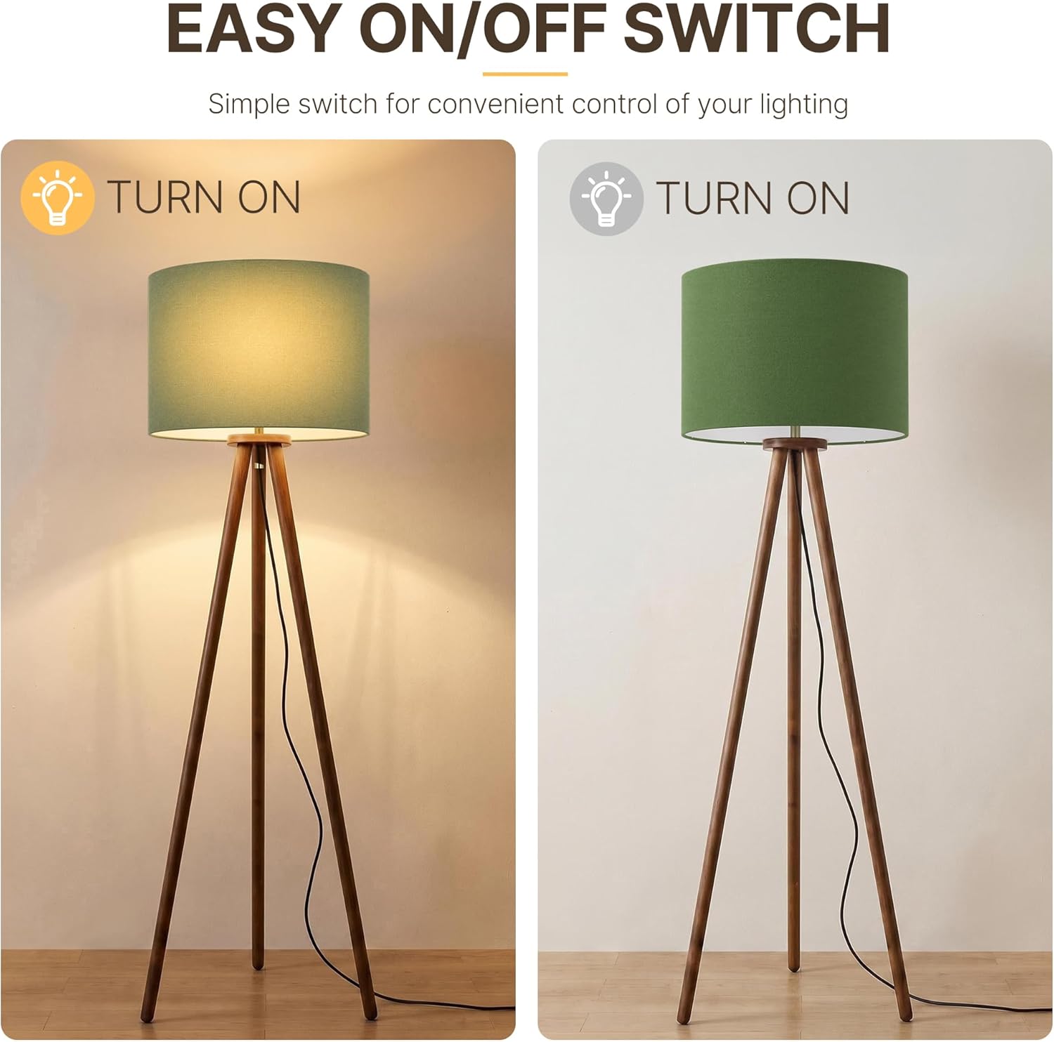 Buruis 60.6" Solid Wood Tripod Floor Lamp with 15.7" Large Linen Shade, Mid-Century Walnut Finish Standing Lamp for Living Room, Bedroom, Office, Corner, UL Listed, Bulb Not Included, Green