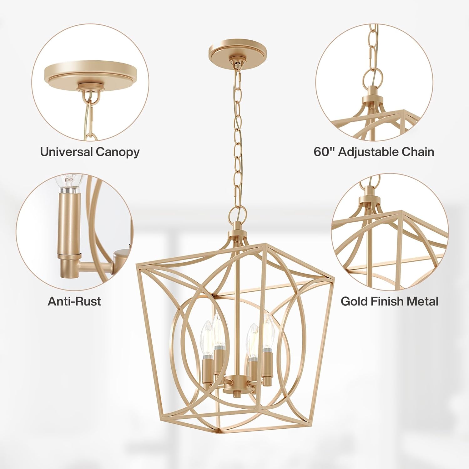 Tribesigns 4-Light Farmhouse Chandelier, Gold Rustic Metal Cage Adjustable Industrial Hanging Pendant Light Ceiling Fixture for Kitchen Island, Dining Room, Entryway UL Listed, E12 Base
