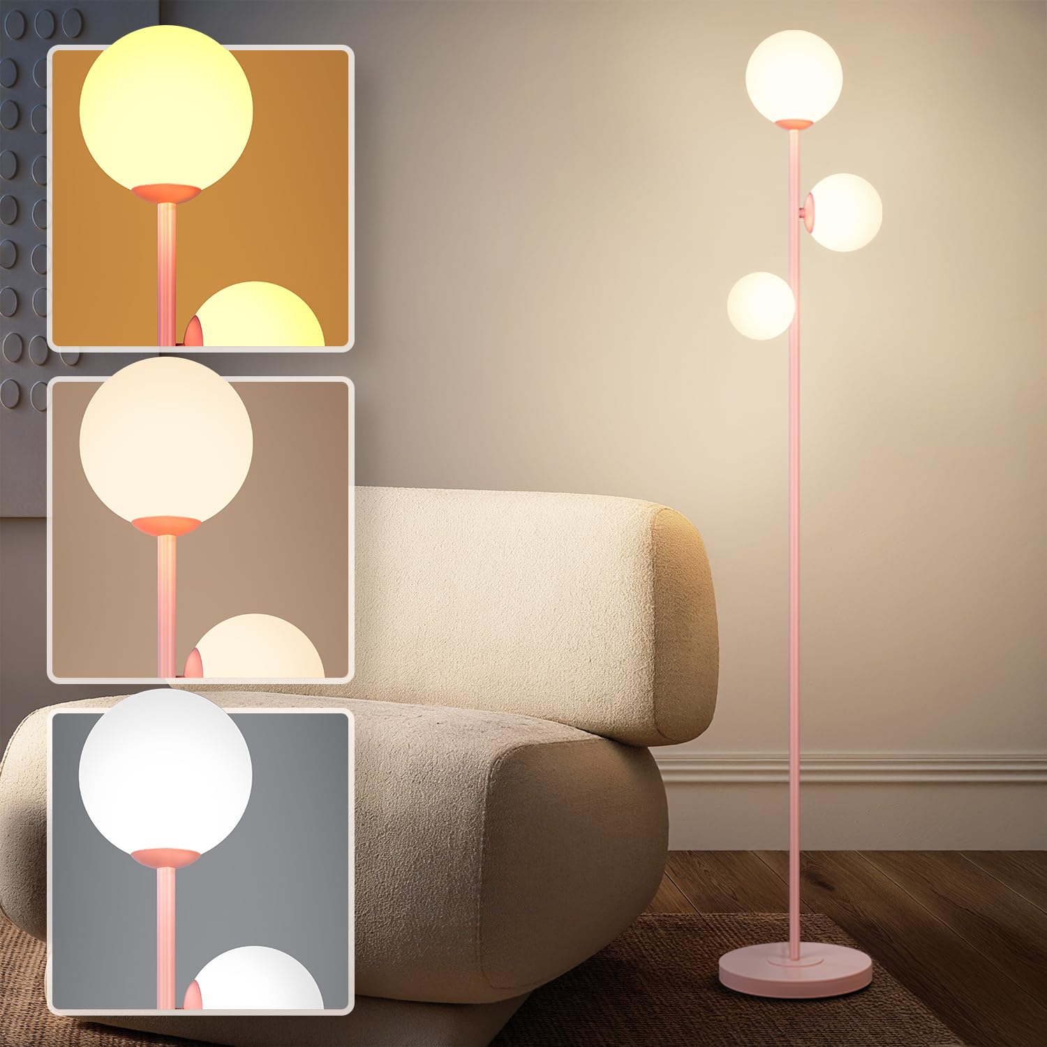 Gold 3-Globe Glass Floor Lamp, Modern LED Standing Lamp for Home