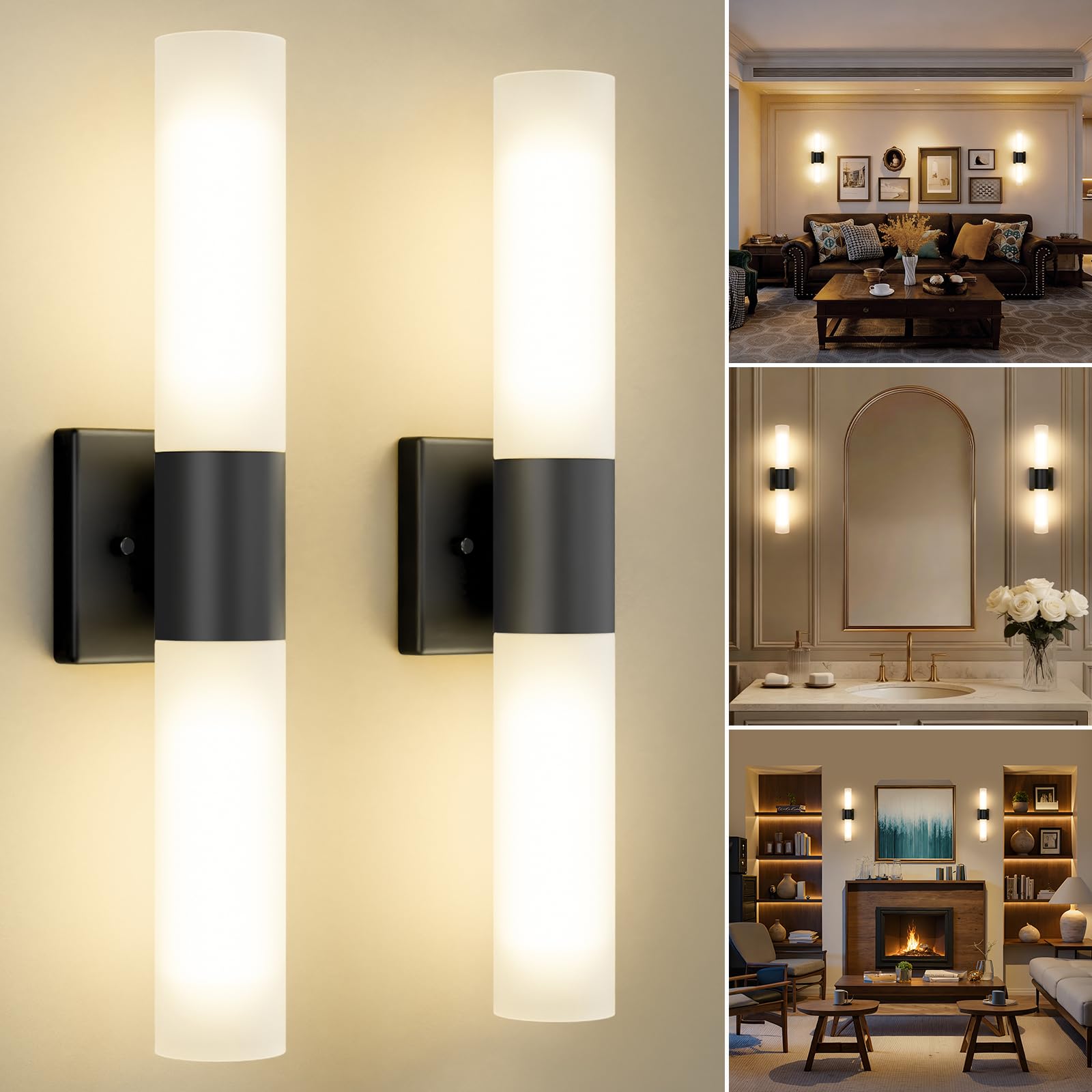 Kalium Bathroom Wall Sconce Fixture, 21 Inch Modern Vanity Lights with Frosted Glass Shade, Indoor Sconces Lighting Wall Decor Lamps for Bathrooms Living Room Stairs Bedroom (Black)