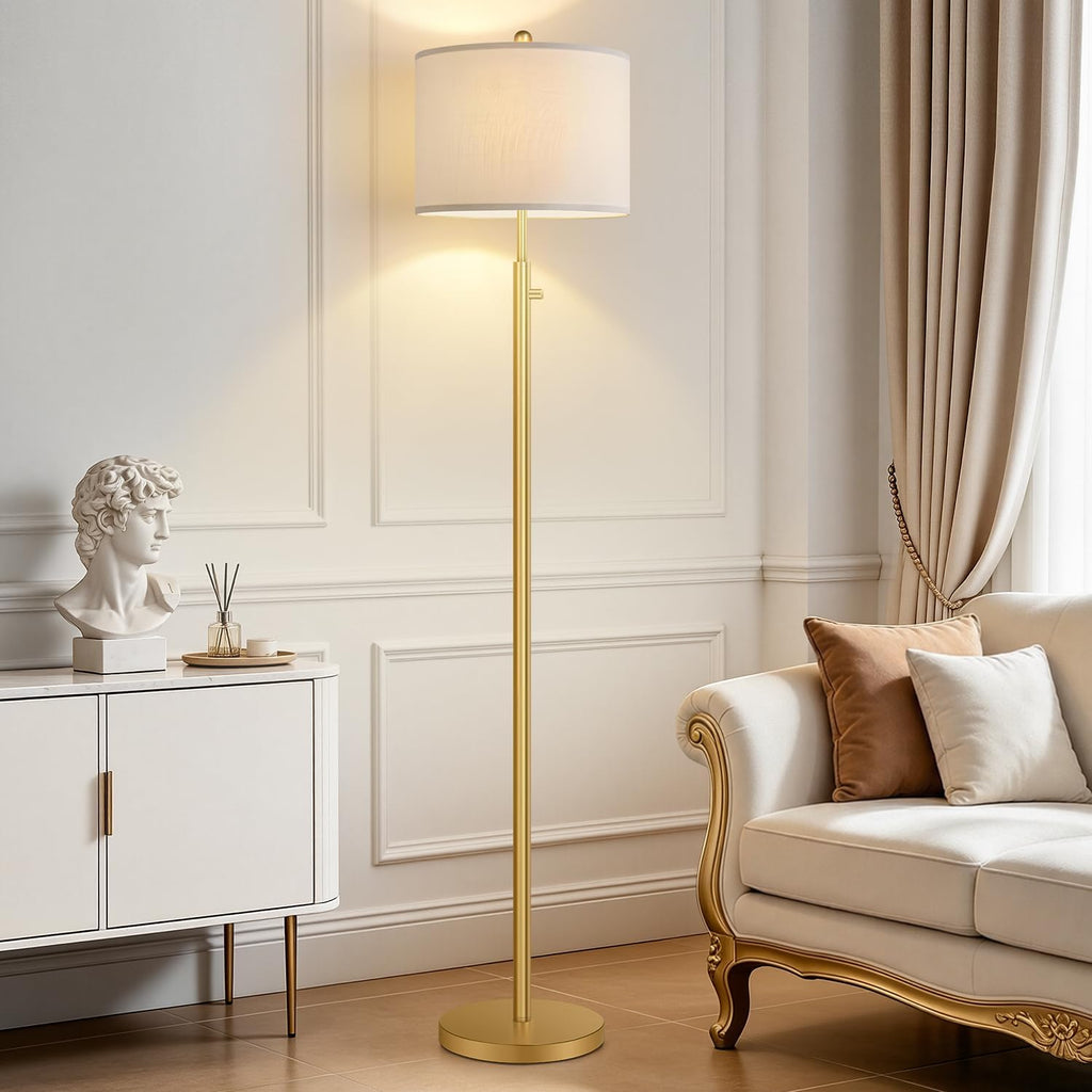 Nintiue 【Upgraded】 Dimmable Floor Lamp for Living Room, 11W LED Bulb Included, Modern Standing Lamp, Tall Pole Light with Linen Shade for Bedroom Reading Office Corner Nursery-Gold