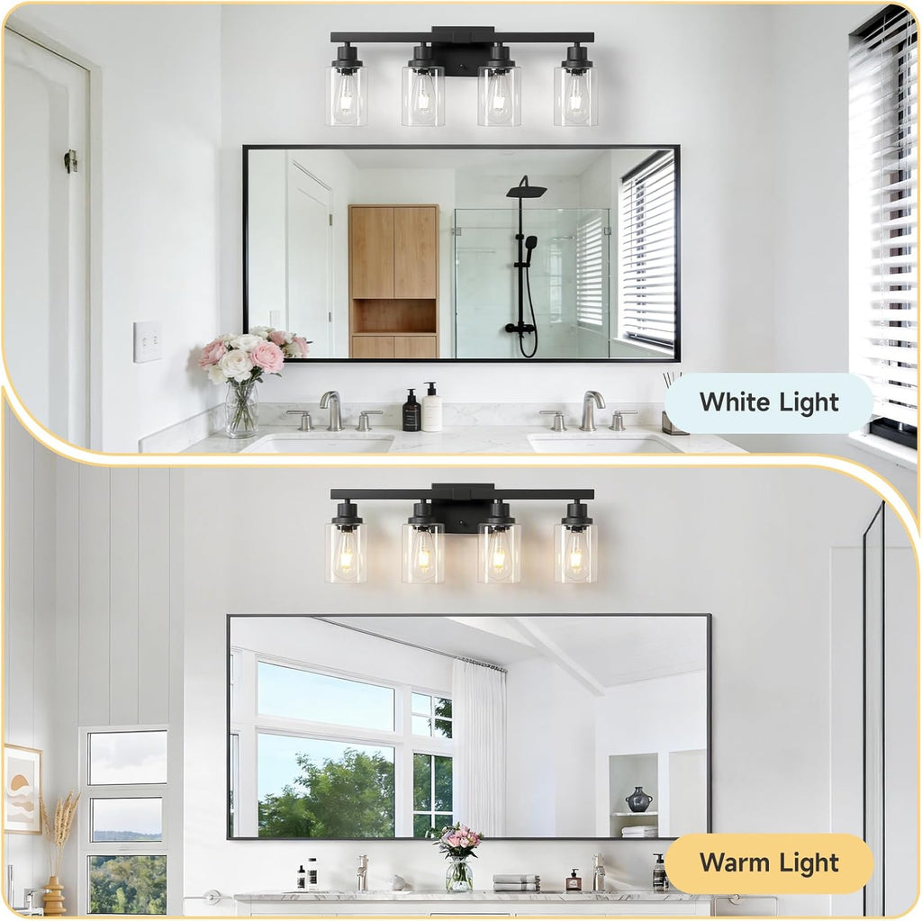 4-Light Bathroom Vanity Light, Modern Matte Black Wall Sconce Lighting with Clear Glass Shade, Bathroom Lighting Fixtures Over Mirror,Vintage Wall Mounted Lamps for Mirror Bedroom,Living Room