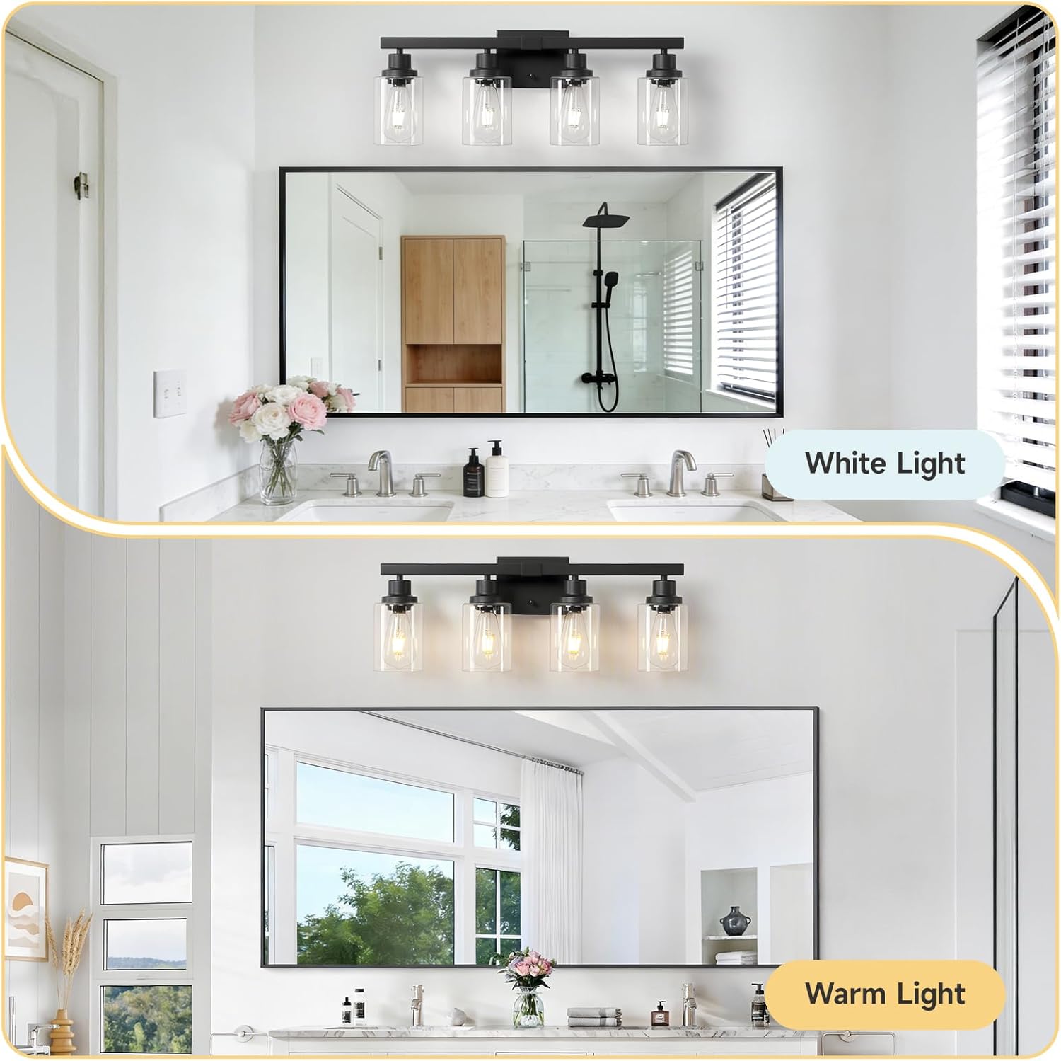 4-Light Bathroom Vanity Light, Modern Matte Black Wall Sconce Lighting with Clear Glass Shade, Bathroom Lighting Fixtures Over Mirror,Vintage Wall Mounted Lamps for Mirror Bedroom,Living Room