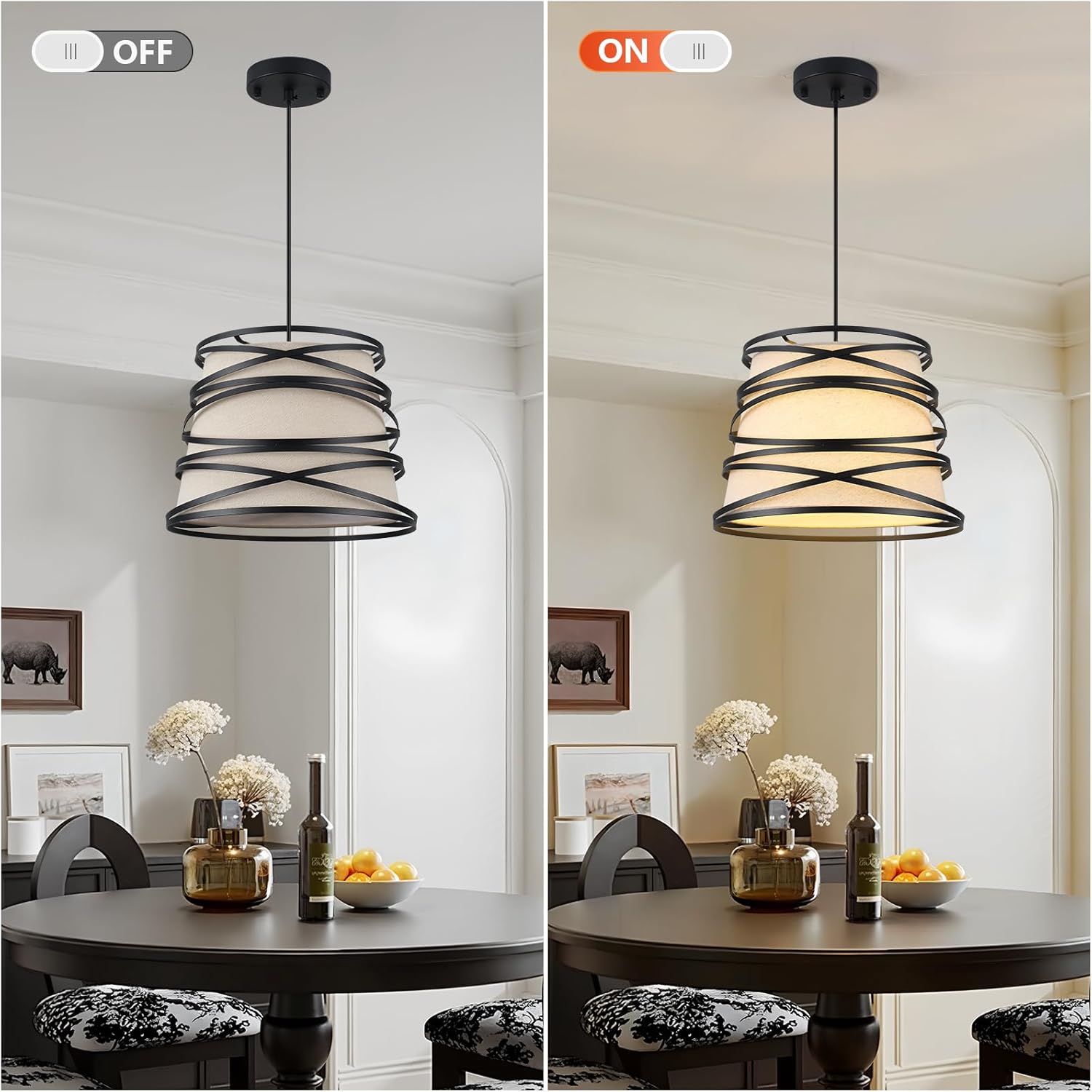 Modern Drum Pendant Light with Black Metal Cage & Cream Fabric Shade, Industrial Farmhouse Hanging Light Fixture for Kitchen Island, Dining Room, Living Room, Hallway