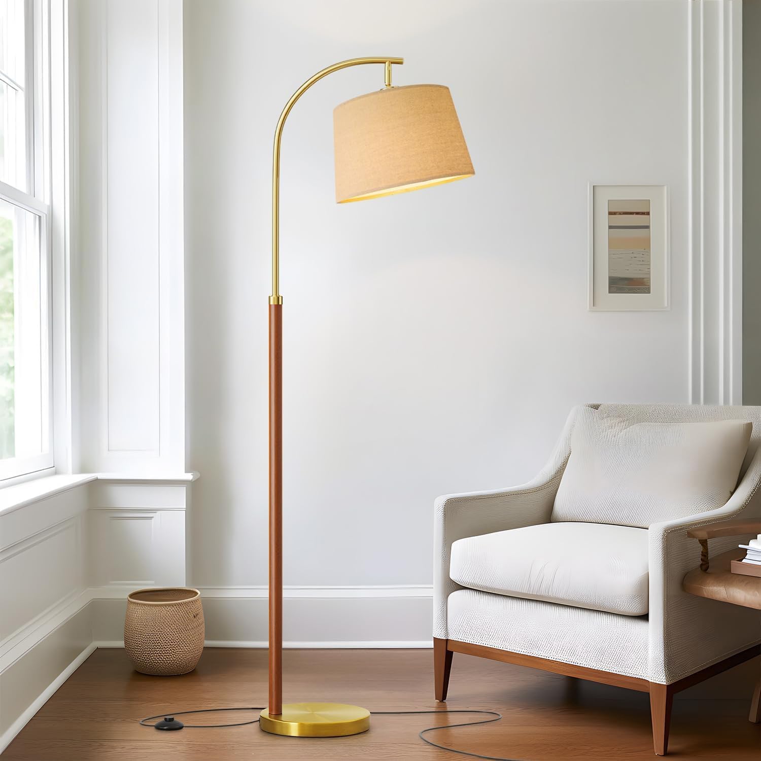 G-SAFAVA Real Wood Floor Lamps for Living Room Bedroom, 62.5" Mid Century Modern Lamp Gold Standing Tall Arc Lamps with Foot Switch, Floor Lamps for Nursery Office Decor Corner Reading Room Light