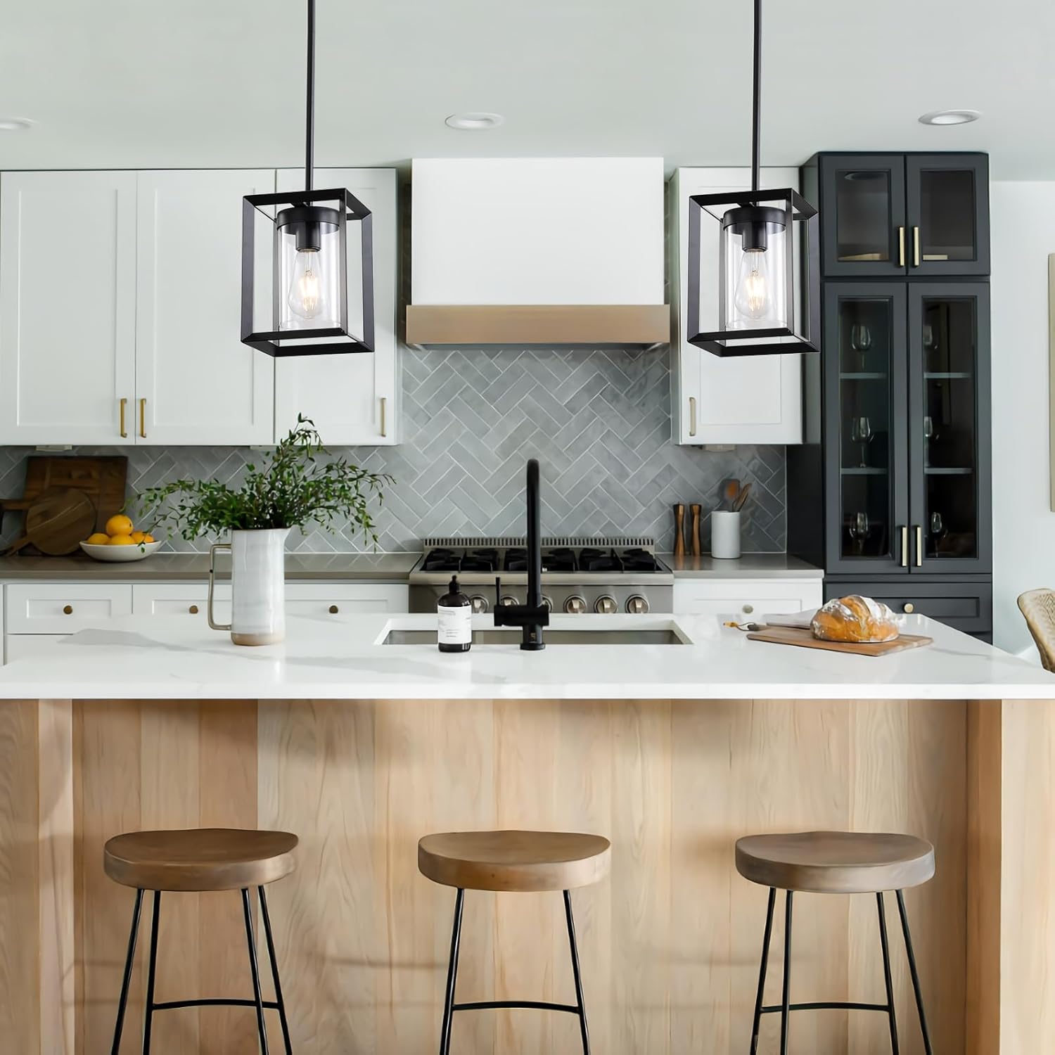 2 Pack Farmhouse Black Kitchen Island Pendant Light Fixtures,Height Adjustable Metal Rod Hanging Modern Pendant Lighting with Metal Cage and Clear Glass Shade for Entryway Bedroom