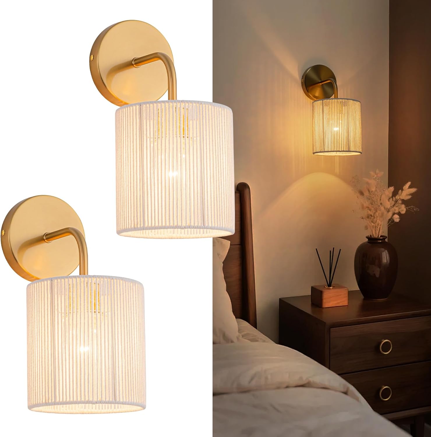 Rattan Wall Sconce Set of 2, Gold Boho Wall Sconces 12” High Hand Woven Wall Lamp Light with Rope Shade, Coastal Sconce for Vanity Bedroom Living Room Hallway Kitchen Stair (Hardwired)
