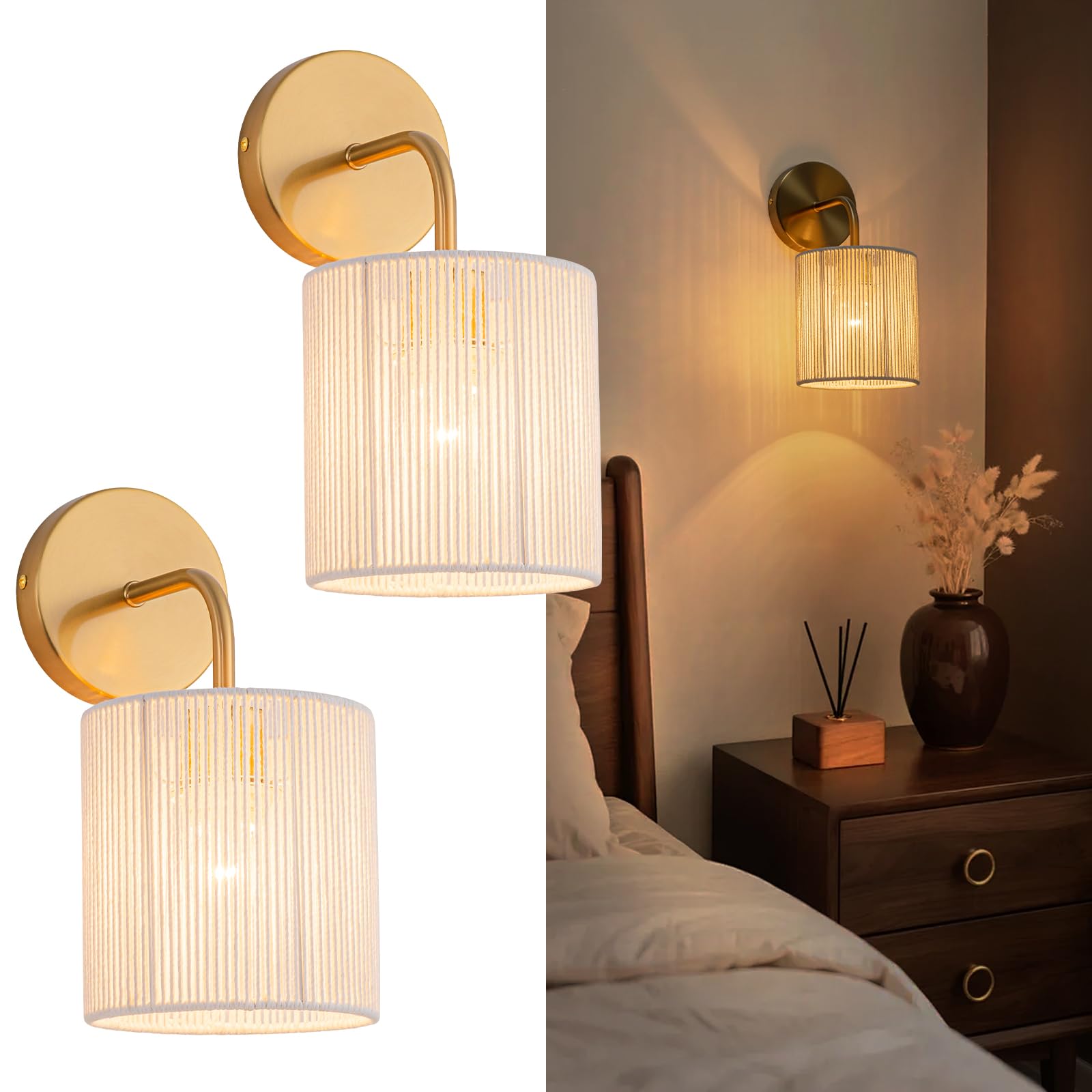 Rattan Wall Sconce Set of 2, Gold Boho Wall Sconces 12” High Hand Woven Wall Lamp Light with Rope Shade, Coastal Sconce for Vanity Bedroom Living Room Hallway Kitchen Stair (Hardwired)