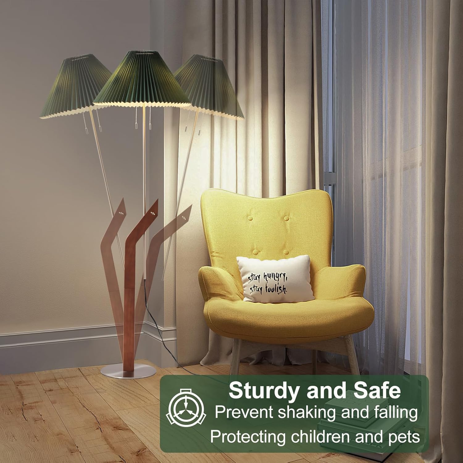 Floor Lamps for Living Room, Mid Century Modern Wood Large Floor Lamp, Height Adjustable Study Room, Bedroom, Office Tall Standing Floor Lamp, Green Pleated Lampshade