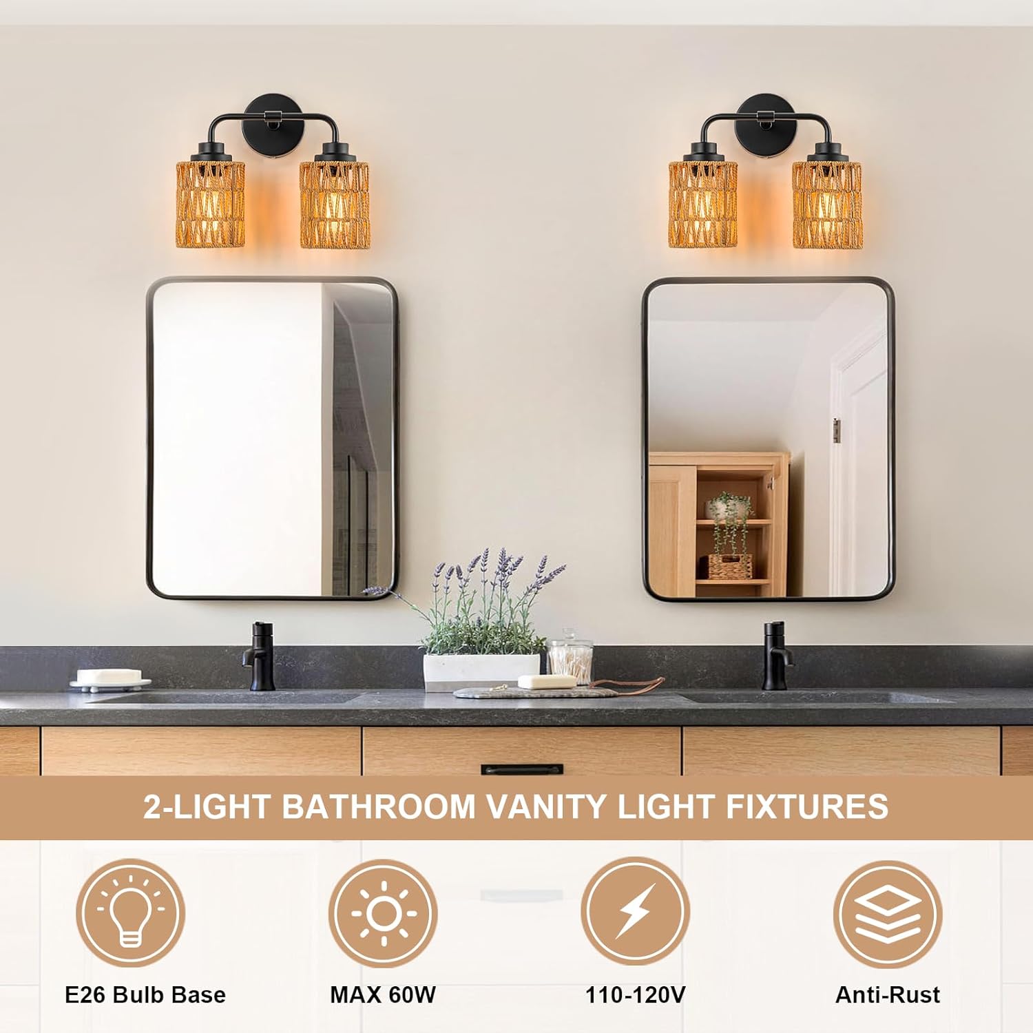 Boho Bathroom Light Fixtures, Rustic 2-Light Vanity Lights Over Mirror, Farmhouse Rattan Vanity Lighting with Hand-Woven Shades for Bedroom Bathroom Hallway Restroom