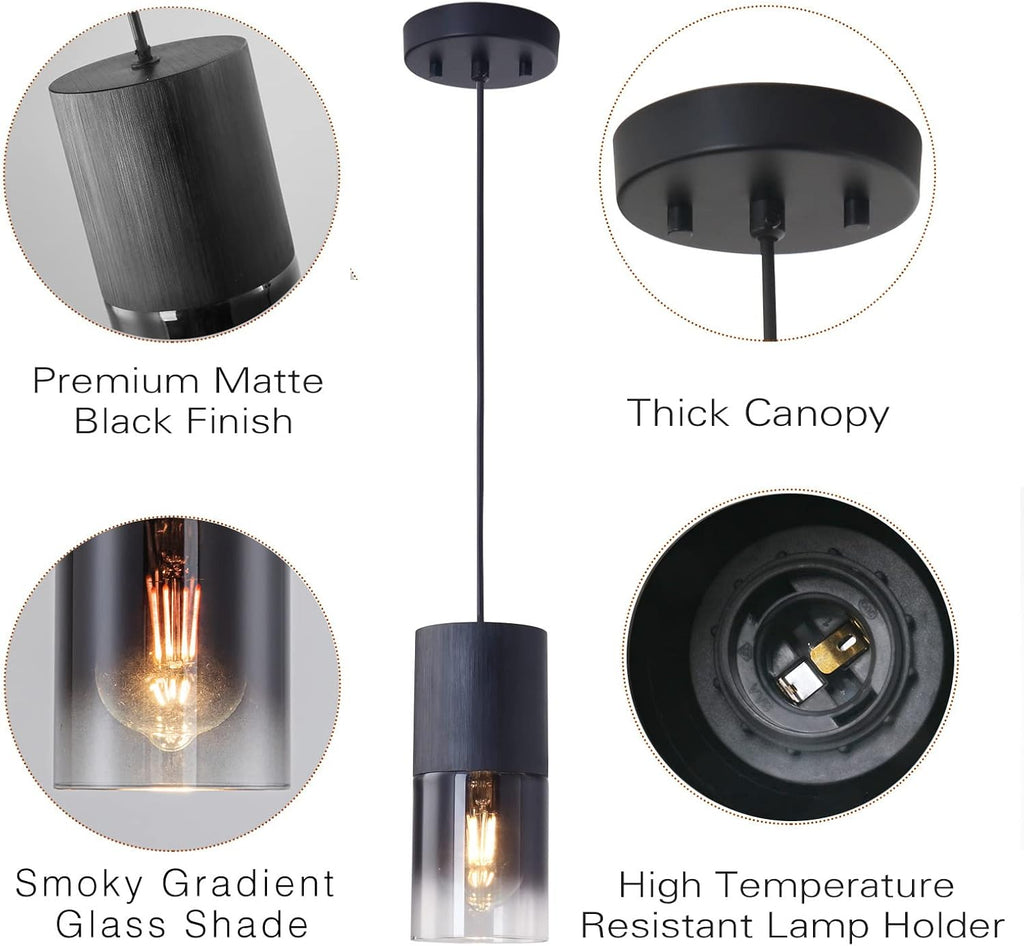 3-Pack Black Pendant Light Fixtures, Adjustable Modern Pendant Lights for Kitchen Island, Industrial Glass Pendant Lights for Dining Table Hallway Bedroom Living Room