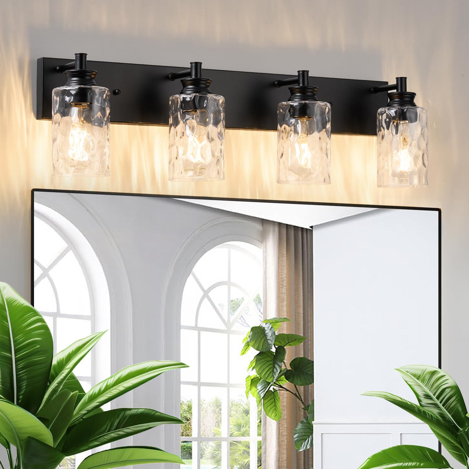 3-Light Black Vanity Light, Modern Bathroom Fixture with Hammered Glass Shades