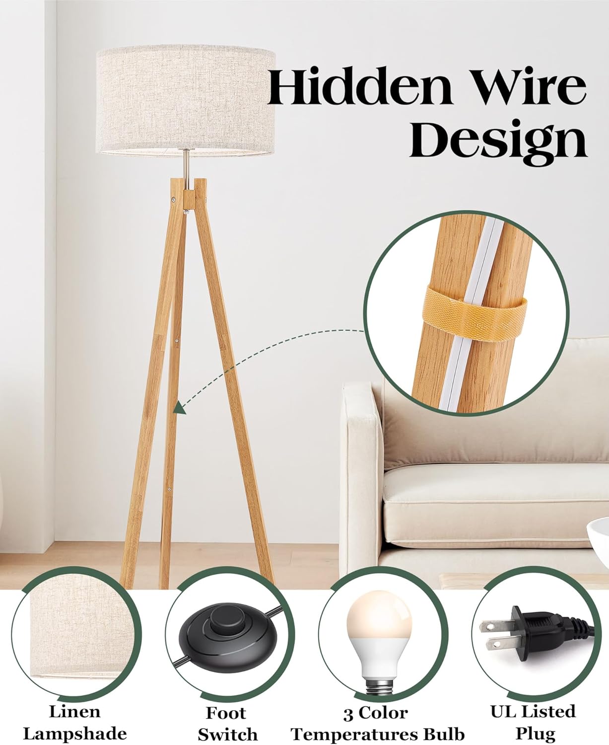 ELYONA Nordic Wood Tripod Floor Lamp, Modern Reading Standing Lamp for Living Room 3 Color Temperatures LED Bulb Included Flaxen Lamp Shade, Boho Natural Wooden floor lamp for Bedroom Office Kids Room