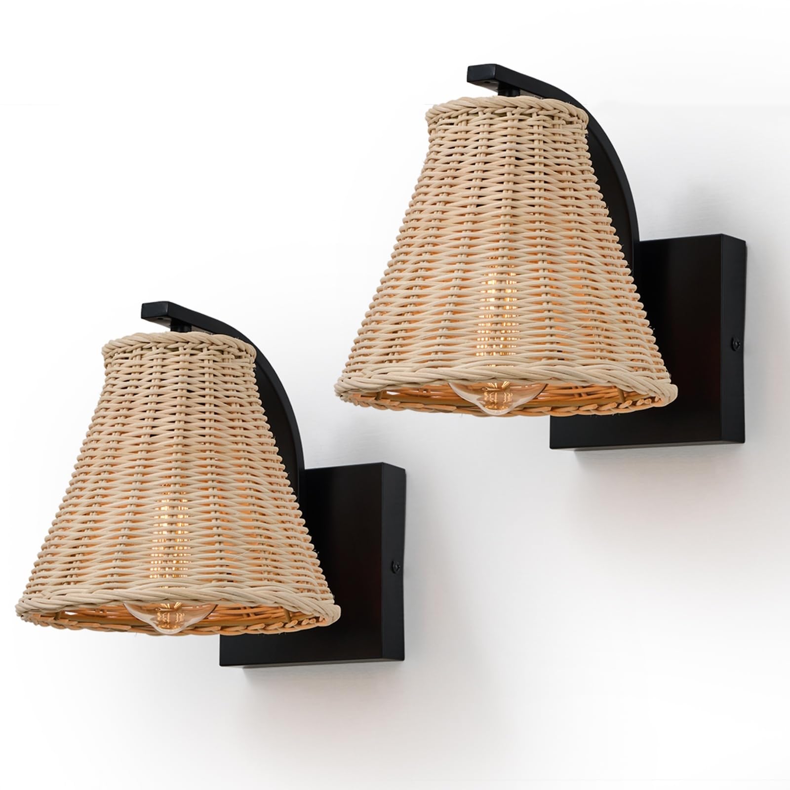 Boho Rattan Wall Sconce Set of Two, Wrapped Wall Light Fixtures with Hand Woven Wicker Lamp Shade, Farmhouse Rustic Indoor Wall Mount Lighting Fixture for Bedroom Bedside Living Room Hallway Bathroom