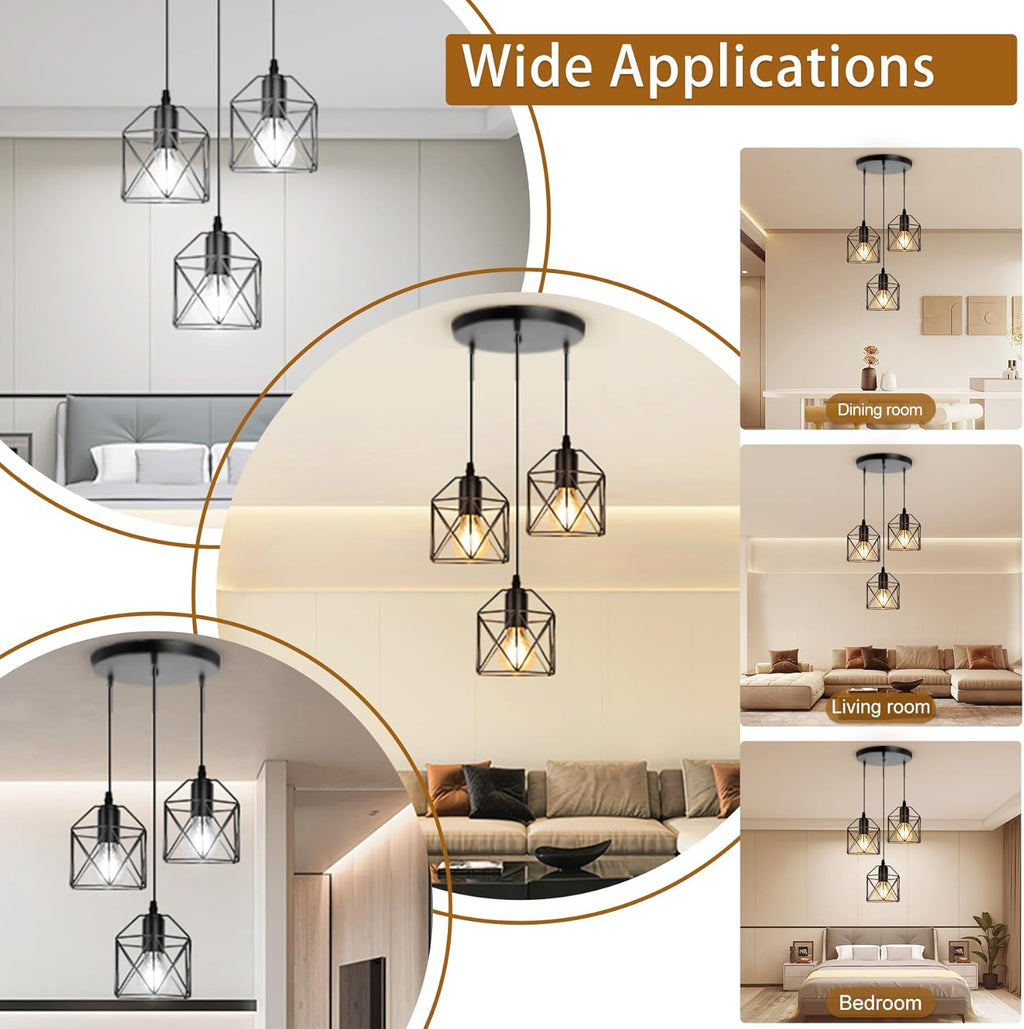 CANMEIJIA 3-Light Pendant Light Fixtures, Farmhouse Kitchen Island Light Fixture, Industrial Hanging Pendant Lighting for Dining Room Bedroom, Black Metal Cage Pendant, E26 Base, Bulbs Not Included