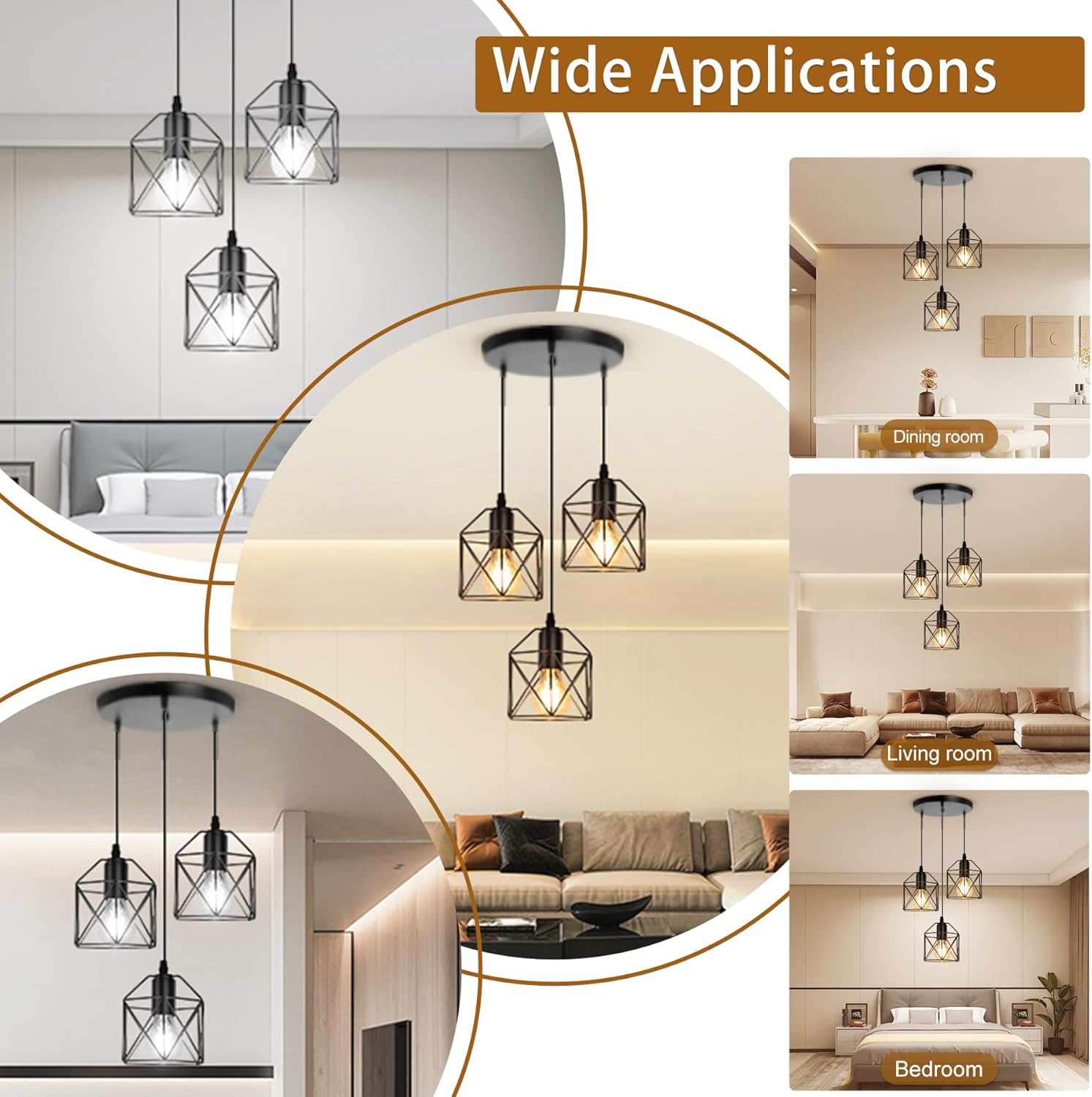CANMEIJIA 3-Light Pendant Light Fixtures, Farmhouse Kitchen Island Light Fixture, Industrial Hanging Pendant Lighting for Dining Room Bedroom, Black Metal Cage Pendant, E26 Base, Bulbs Not Included