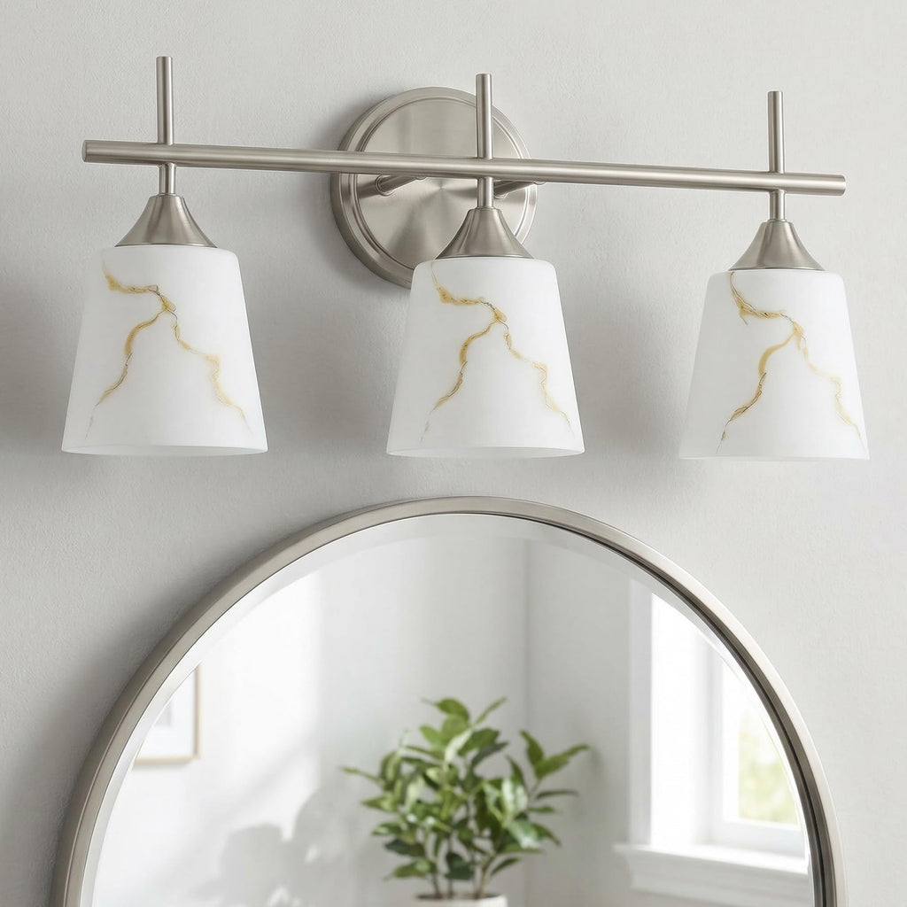 3-Light Black Mid Century Bathroom Light Fixture, Modern Vanity Light with White Marble Glass Shade, for Bathroom Mirror, Living Room, Bedroom, Hallway, E26 Base