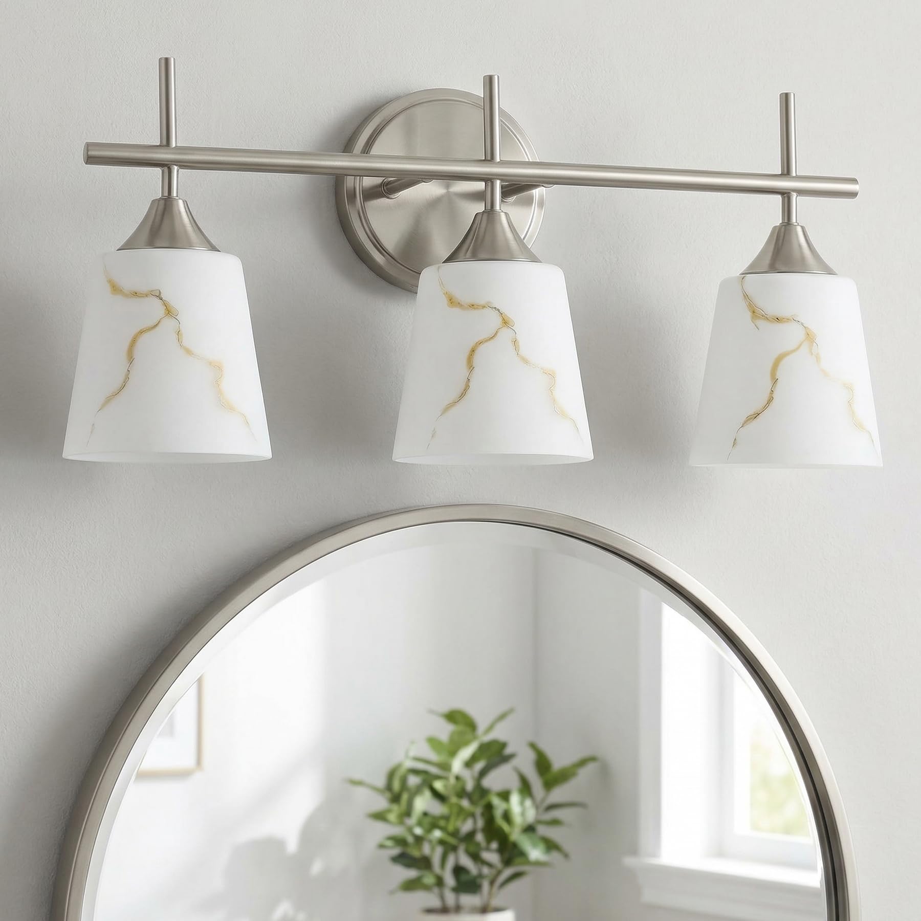 3-Light Black Mid Century Bathroom Light Fixture, Modern Vanity Light with White Marble Glass Shade, for Bathroom Mirror, Living Room, Bedroom, Hallway, E26 Base
