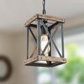 Retro Industrial Metal and Wood Farmhouse Chandeliers, 1-Light Round Cage Pendant Light Fixtures for Farmhouse Kitchen Island Foyer Hallway Bar Dining Room Restaurant, Brown, 2 Pack