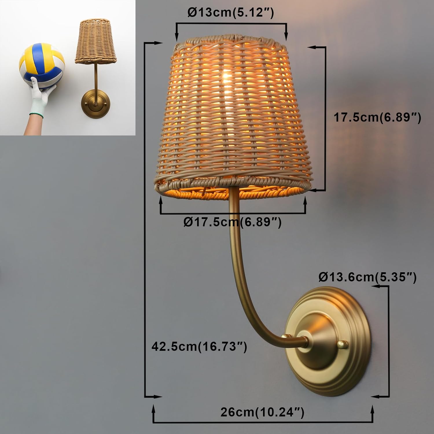 Yosoan Set of 2 Rattan Boho Wrapped Wall Sconce Light, Indoor Hardwired Gold Hand-Woven Farmhouse Vintage Wall Lamps, Brass Handmade Shade Wall Mount Fixture for Reading Bedside Bedroom(Antique)