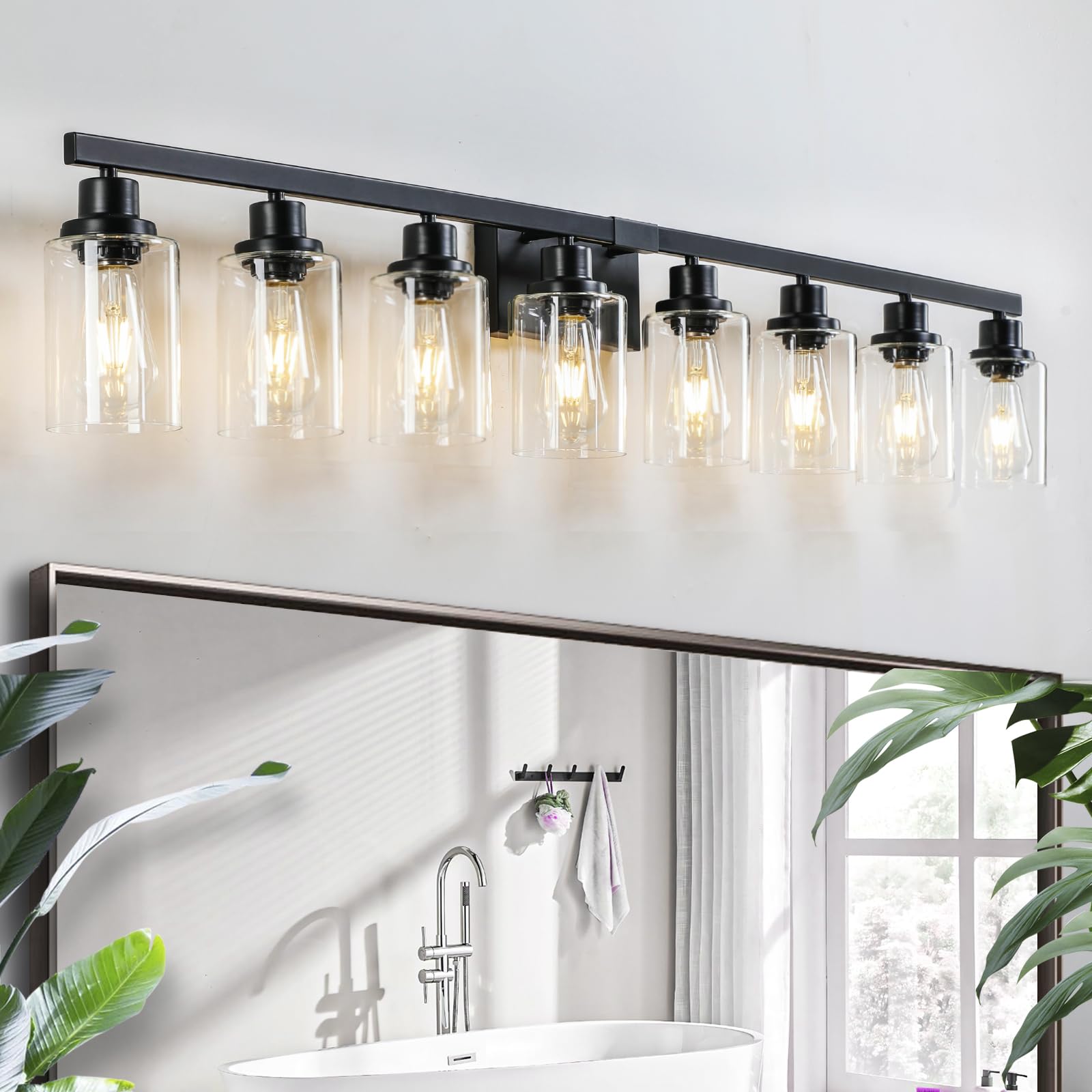 4-Light Bathroom Vanity Light, Modern Matte Black Wall Sconce Lighting with Clear Glass Shade, Bathroom Lighting Fixtures Over Mirror,Vintage Wall Mounted Lamps for Mirror Bedroom,Living Room