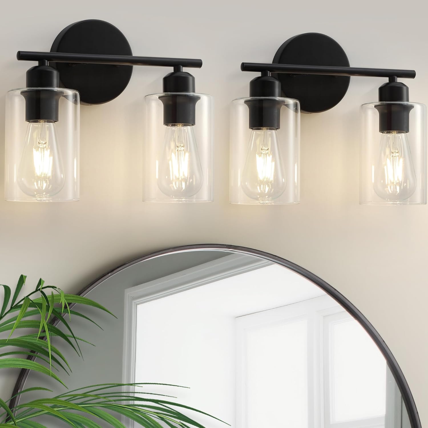 Modern Vanity Lights - Matte Black, Clear Glass Shade, Wall Sconce for Bathroom & Bedroom, 2 Pack