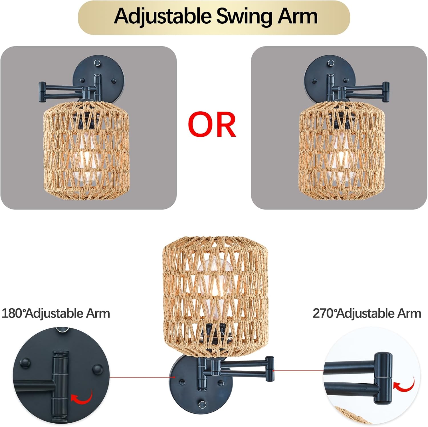 Modern Rattan Wall Sconce, Swing Arm Black Wall Lamp with Boho Woven Lampshade & Dimmable On/Off Switch, Wall Mount Reading Light Fixture Bedside Lamp for Stairway Bedroom Living Room Office