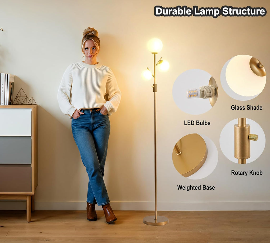 Fiqevs Mid Century Modern 3 Globe Tree Floor Lamp - Dimmable LED Standing Lamp with Bulbs, Warm Light for Living Room Bedroom Office - Antique Brass/Gold