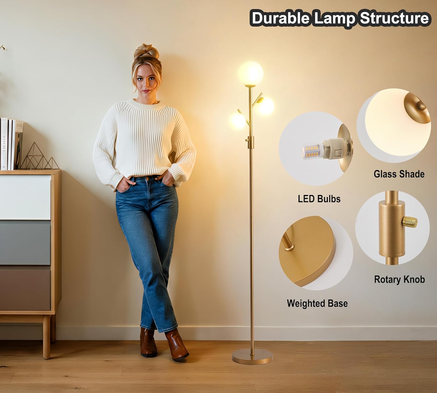 Fiqevs Mid Century Modern 3 Globe Tree Floor Lamp - Dimmable LED Standing Lamp with Bulbs, Warm Light for Living Room Bedroom Office - Antique Brass/Gold