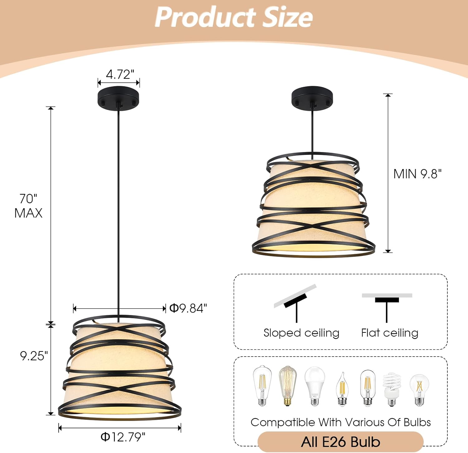 Modern Drum Pendant Light with Black Metal Cage & Cream Fabric Shade, Industrial Farmhouse Hanging Light Fixture for Kitchen Island, Dining Room, Living Room, Hallway