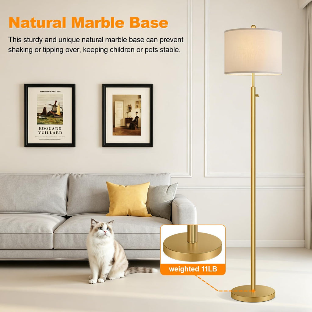 Nintiue 【Upgraded】 Dimmable Floor Lamp for Living Room, 11W LED Bulb Included, Modern Standing Lamp, Tall Pole Light with Linen Shade for Bedroom Reading Office Corner Nursery-Gold