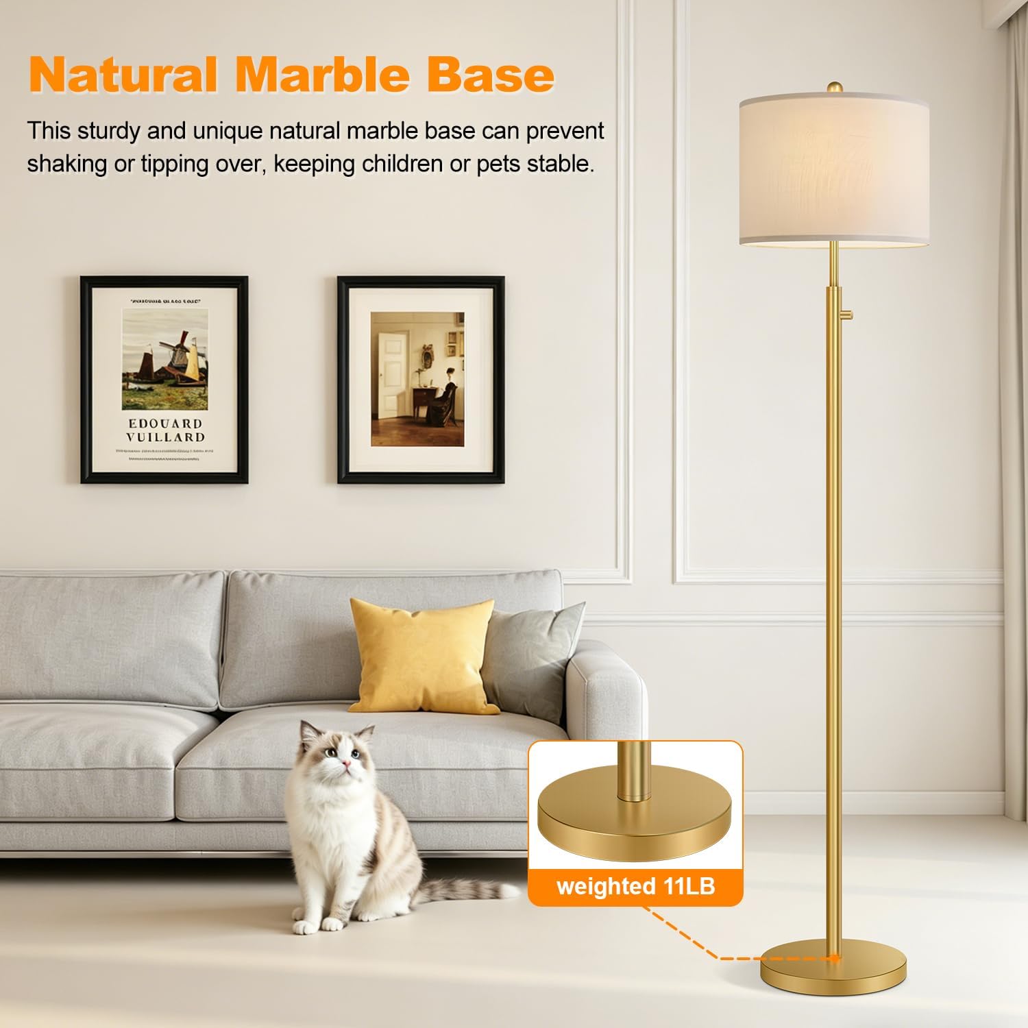 Nintiue 【Upgraded】 Dimmable Floor Lamp for Living Room, 11W LED Bulb Included, Modern Standing Lamp, Tall Pole Light with Linen Shade for Bedroom Reading Office Corner Nursery-Gold