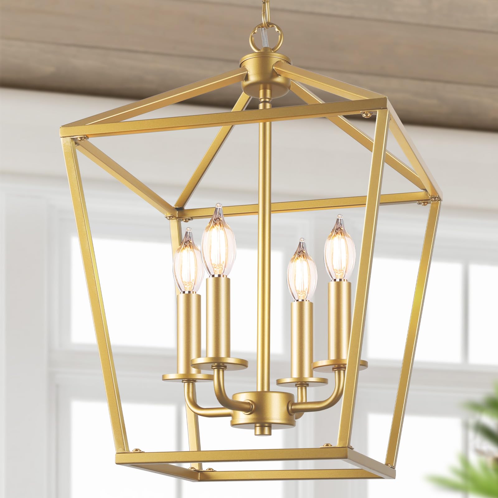 BrightHome Farmhouse Chandelier 4-Light, Black Pendant Light Fixture for Kitchen Island Dining Room, Lantern Industrial Lighting Ceiling Hanging with Metal Cage Adjustable Height for Entryway Foyer