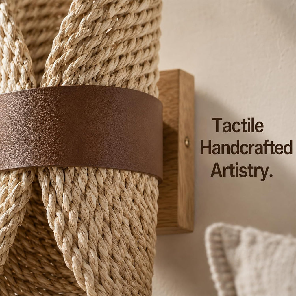 Boho Rattan Wall Sconces with Brown Leather Strap,Handmade Woven Wall Lamp with Wood Grain Base＆G9 Bulb, Rustic Hardwired Wall Lights for Living Room Bedside Hallway